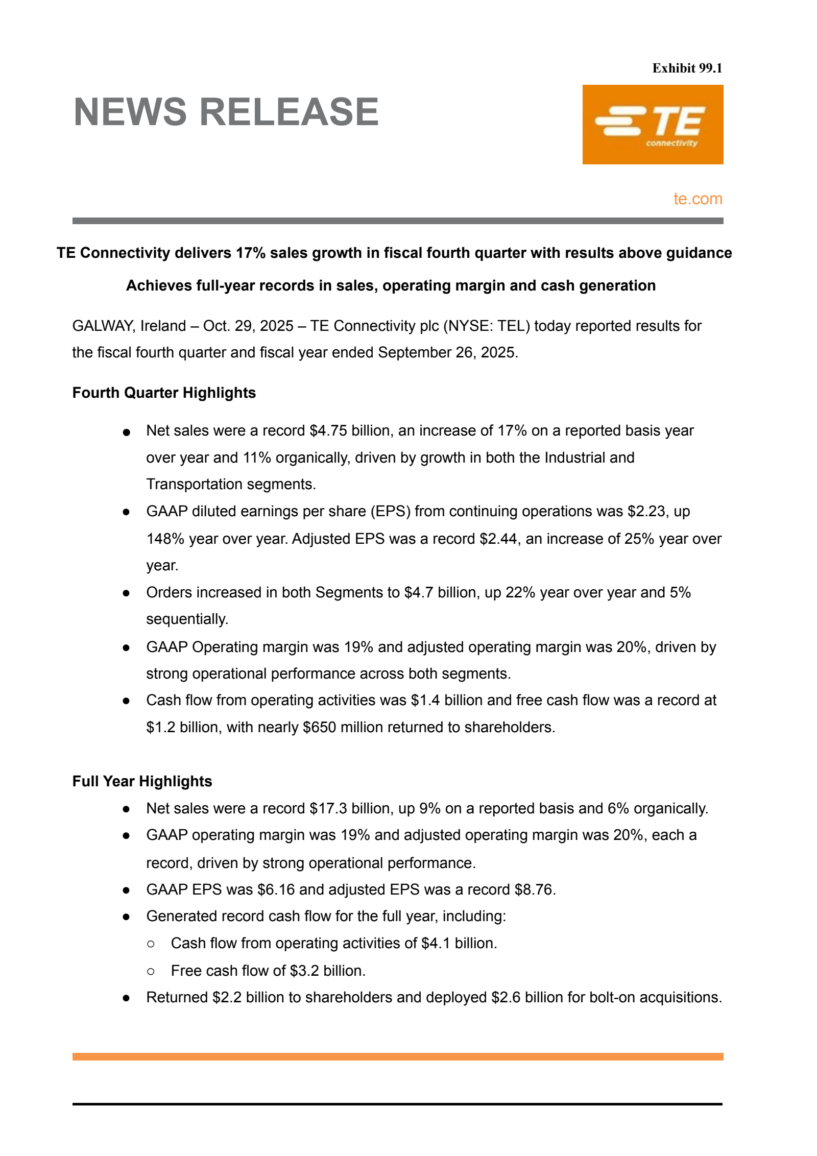 TE Connectivity's Q4 2025 Earnings Release