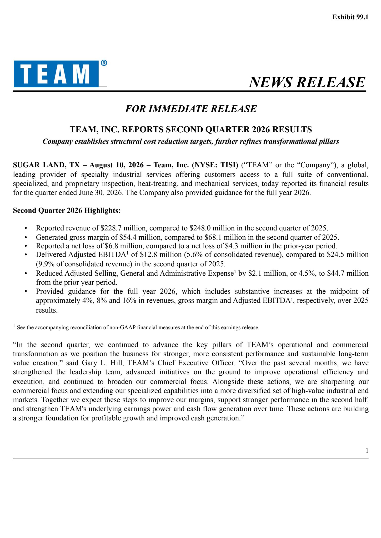 Team's Q2 2026 Press Release