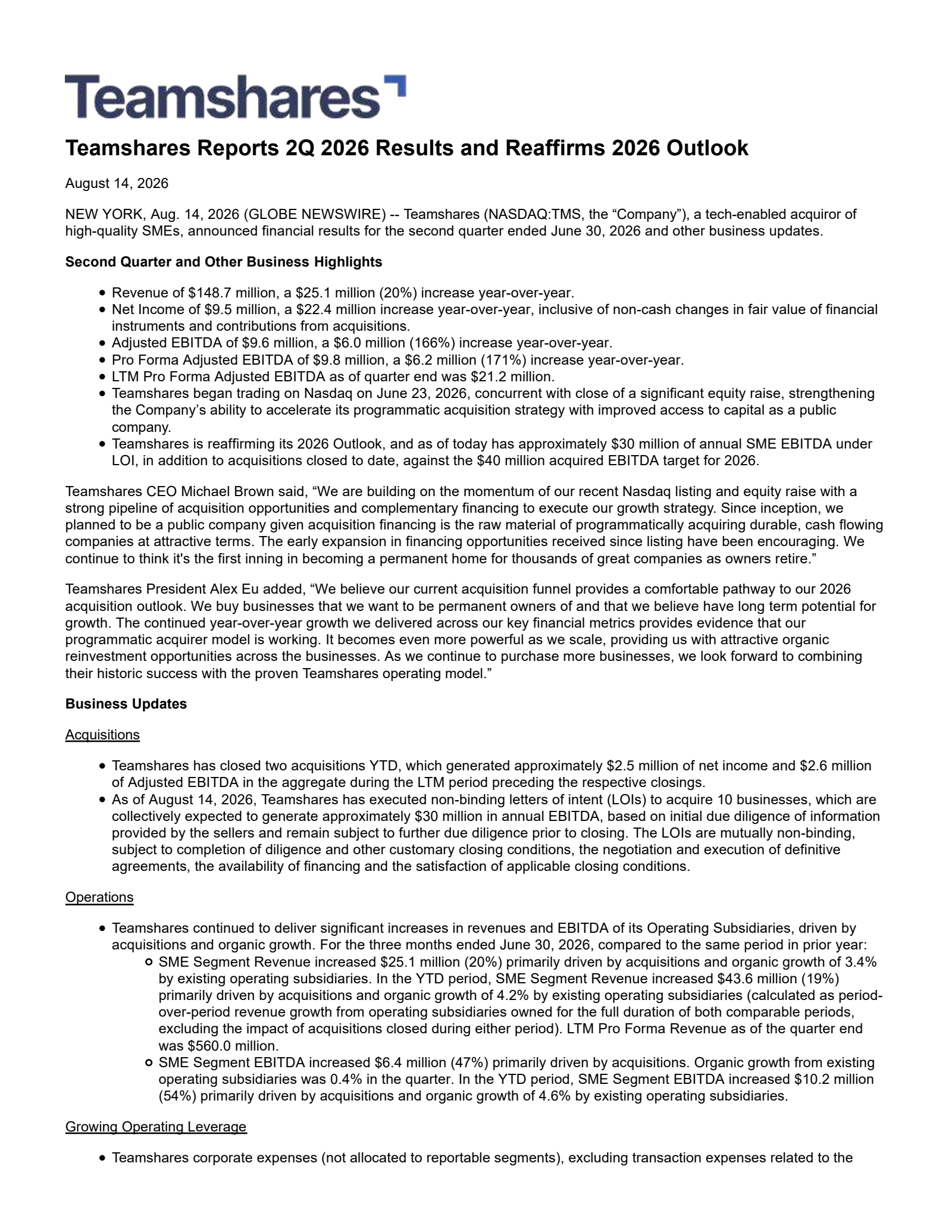 Live Oak Acquisition Corp. V's Q2 2026 Press Release