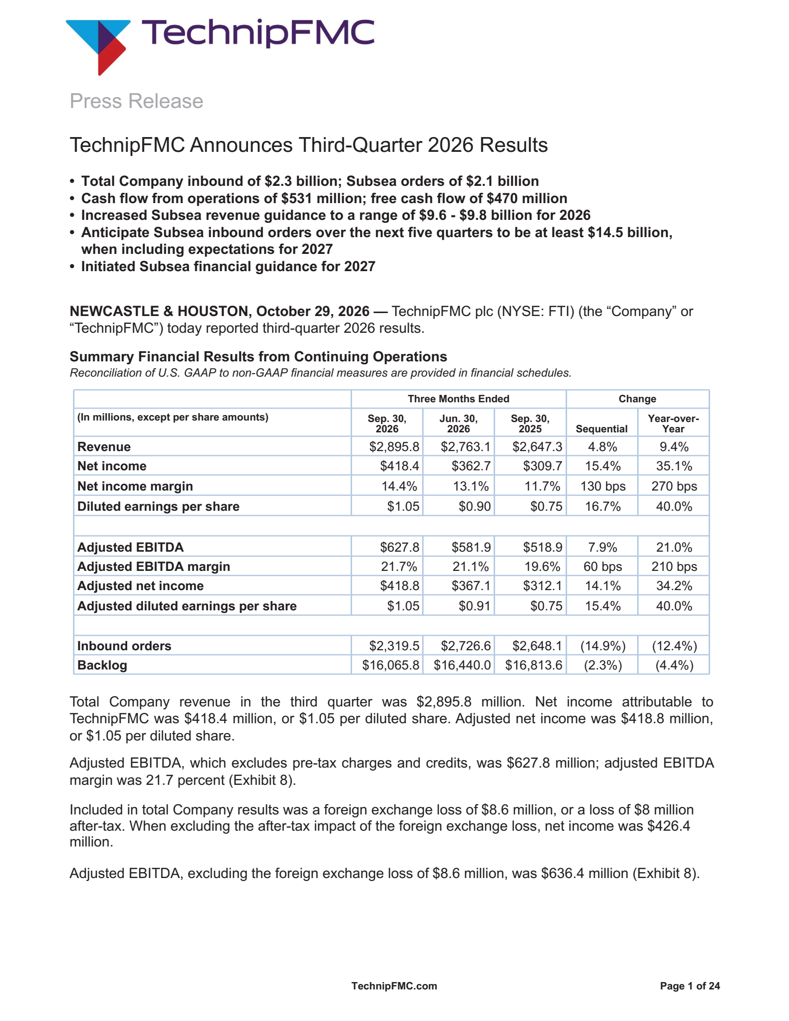 TechnipFMC's Q3 2026 Press Release