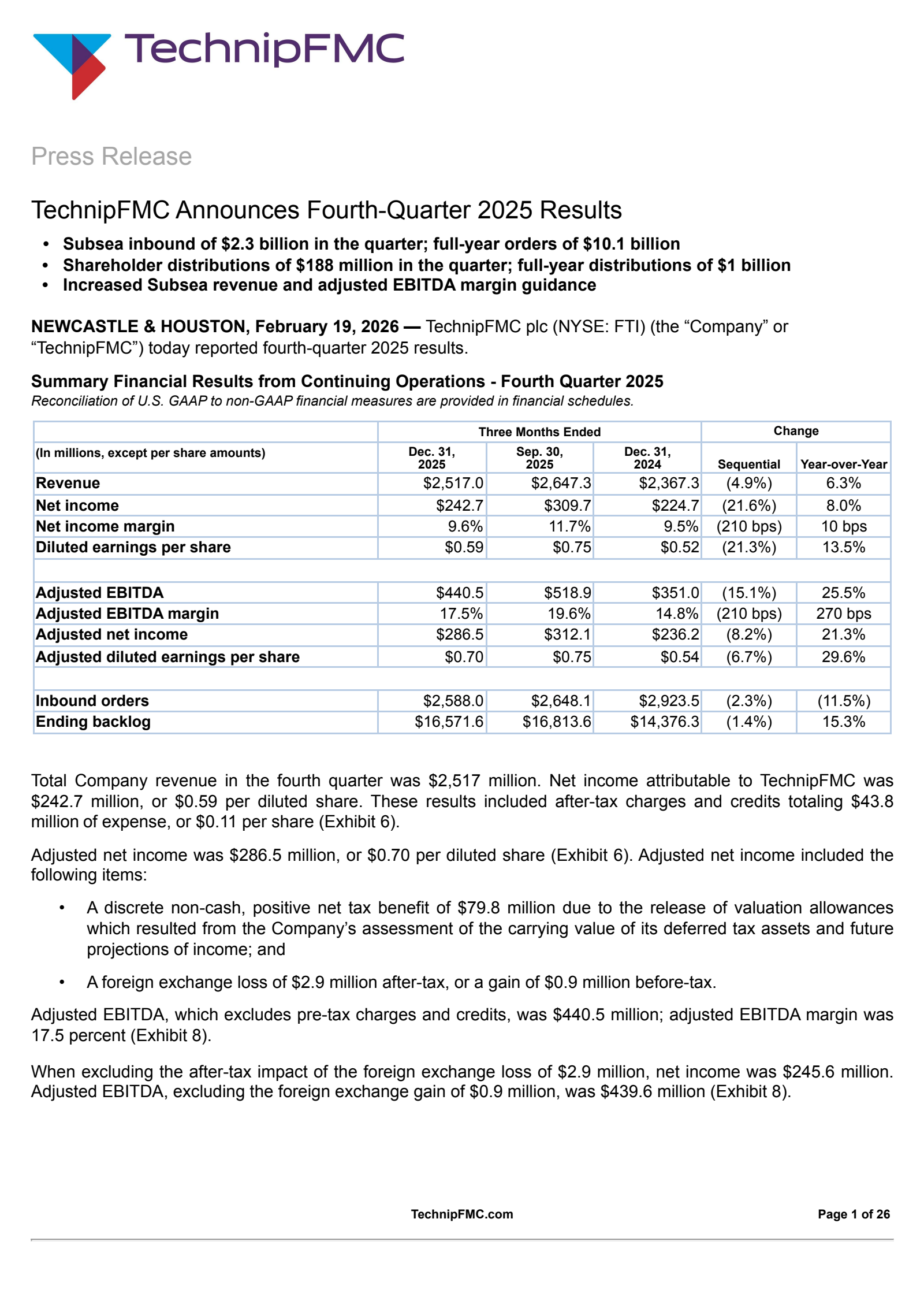 TechnipFMC's Q4 2025 Press Release