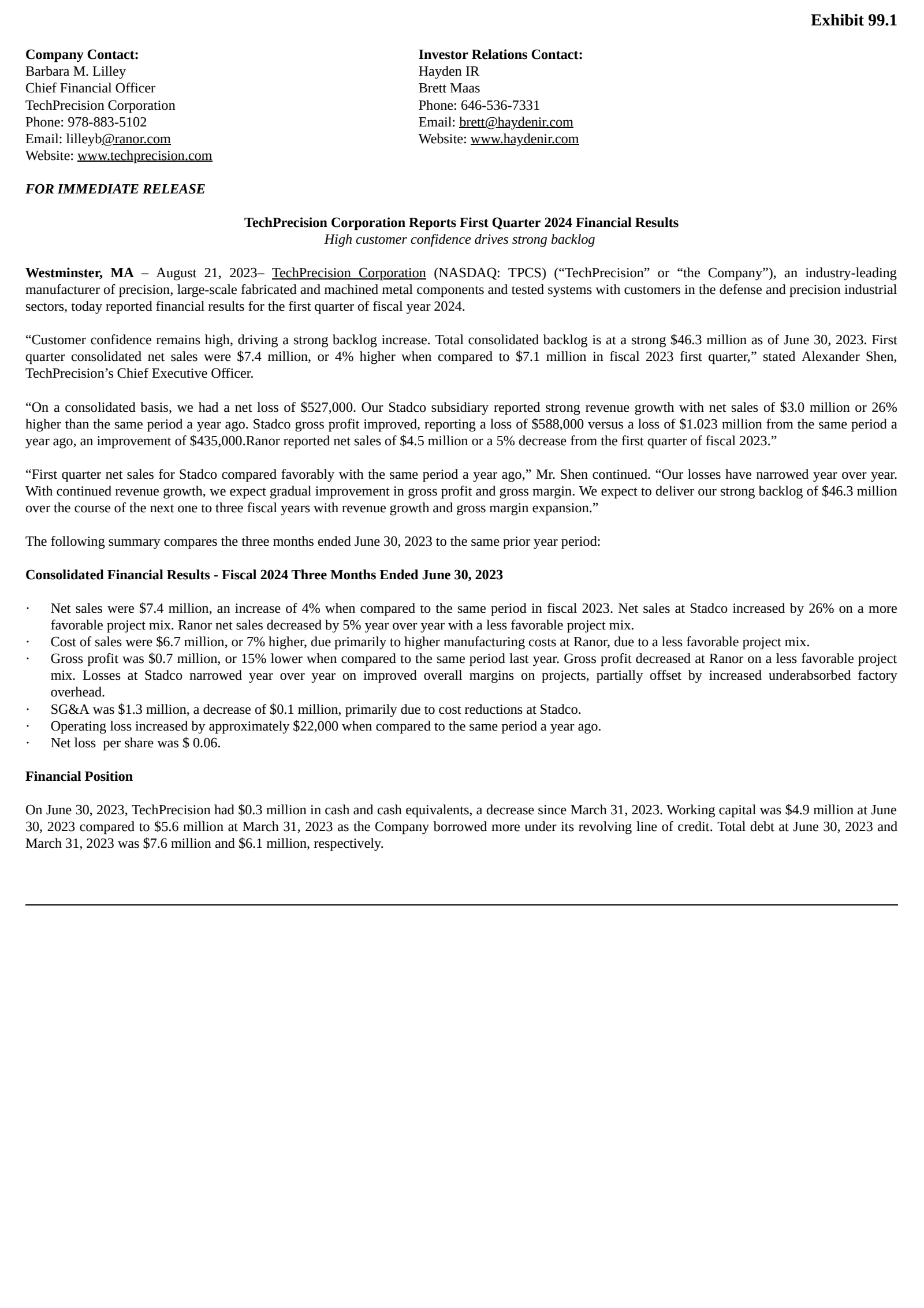 TPCS Q1 2024 Earnings Report on 8/21/2023