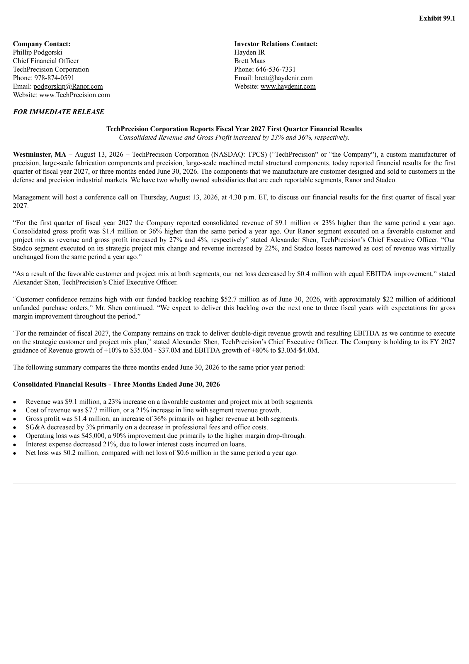 Techprecision's Q1 2027 Press Release