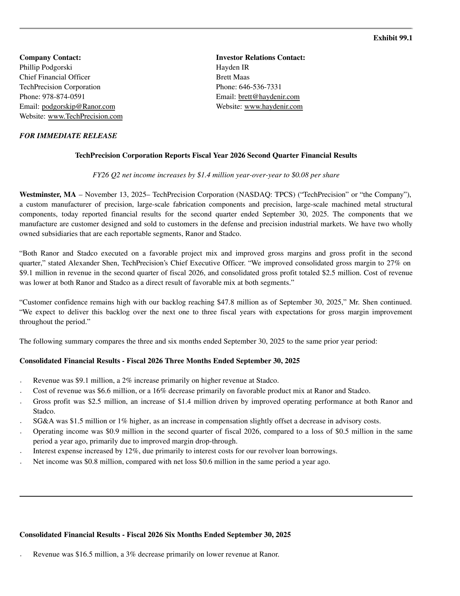 Techprecision's Q2 2026 Earnings Release