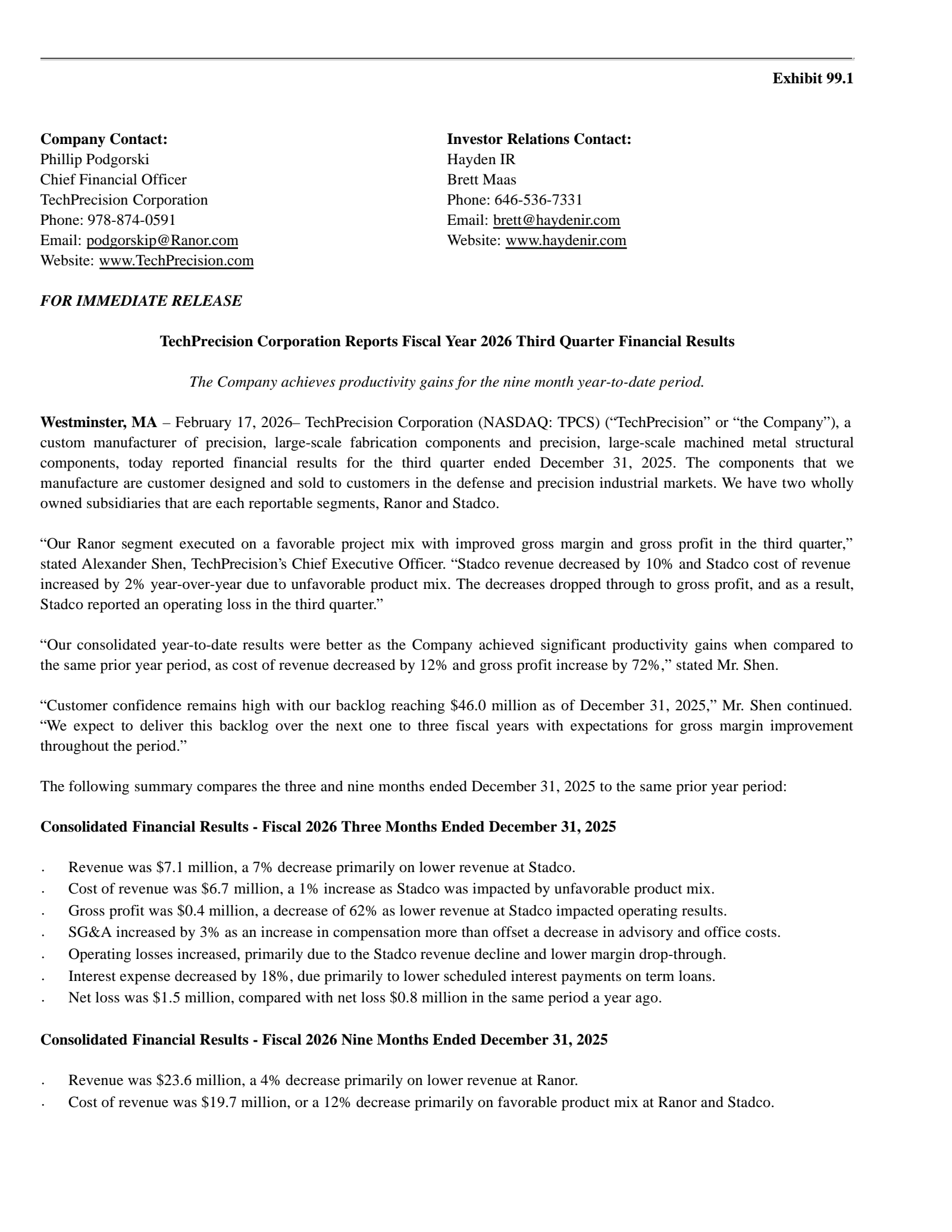 Techprecision's Q3 2026 Press Release