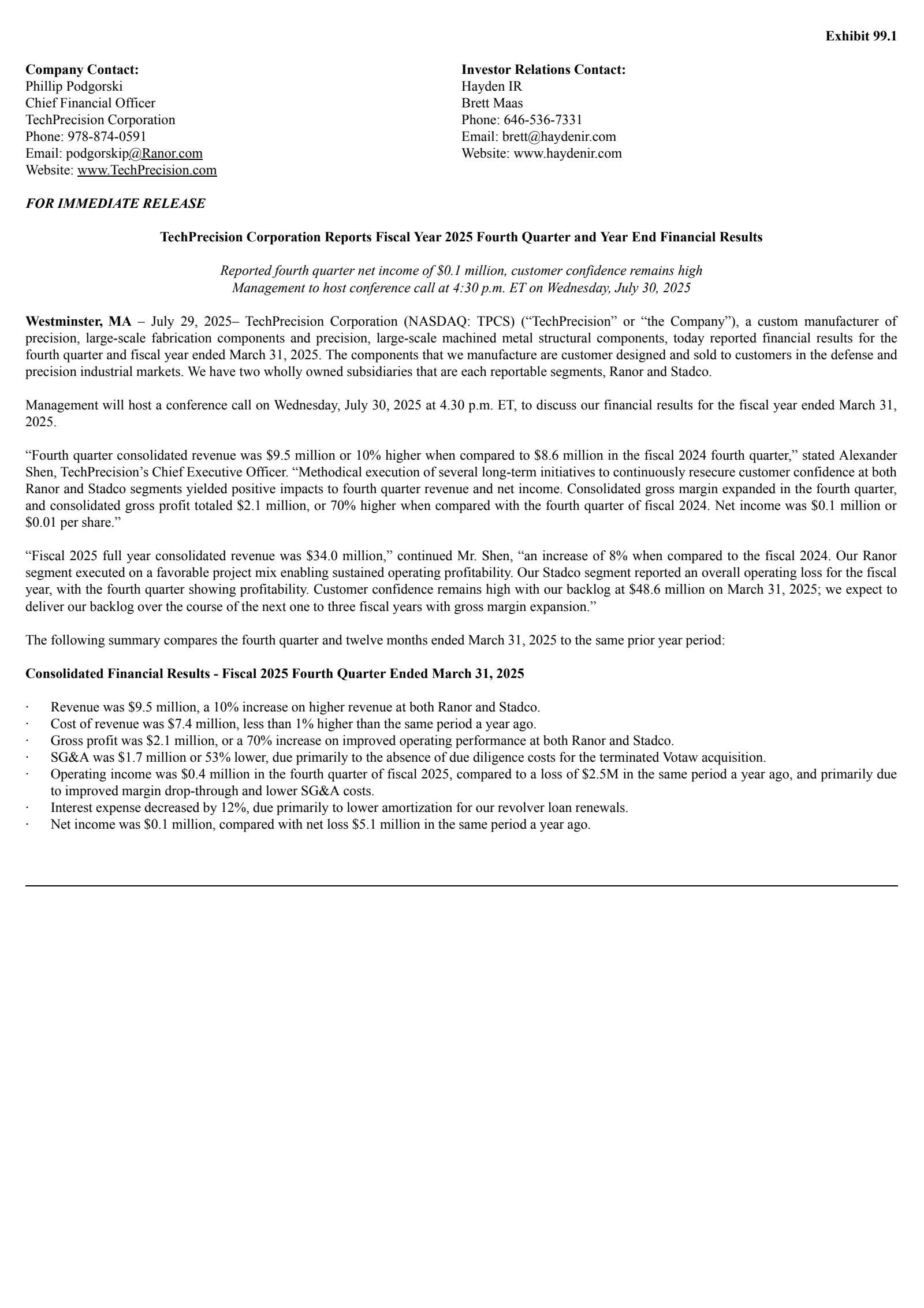 Techprecision's Q4 2025 Press Release
