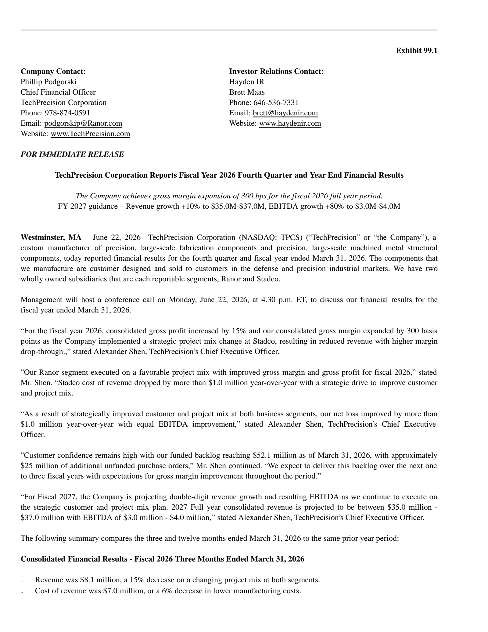 Techprecision's Q4 2026 Press Release