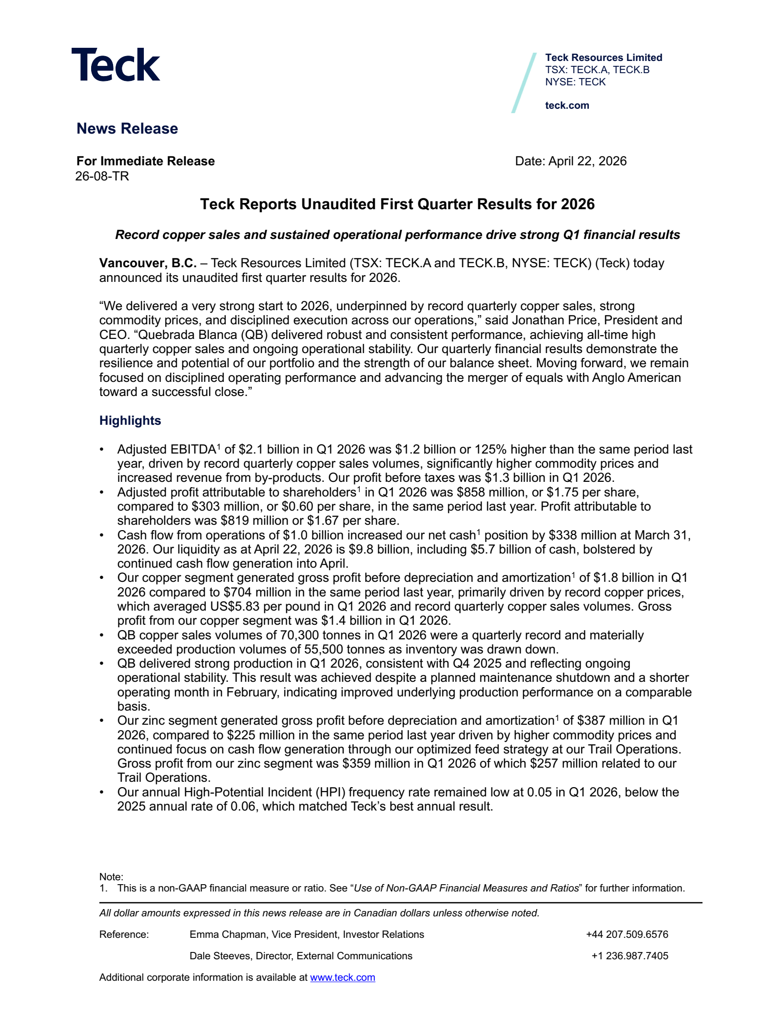 Teck Resources' Q1 2026 Press Release
