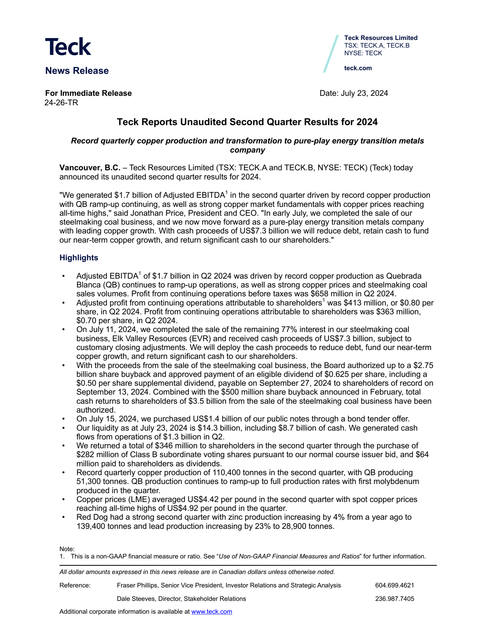 Teck Resources' Q2 2024 Earnings Release