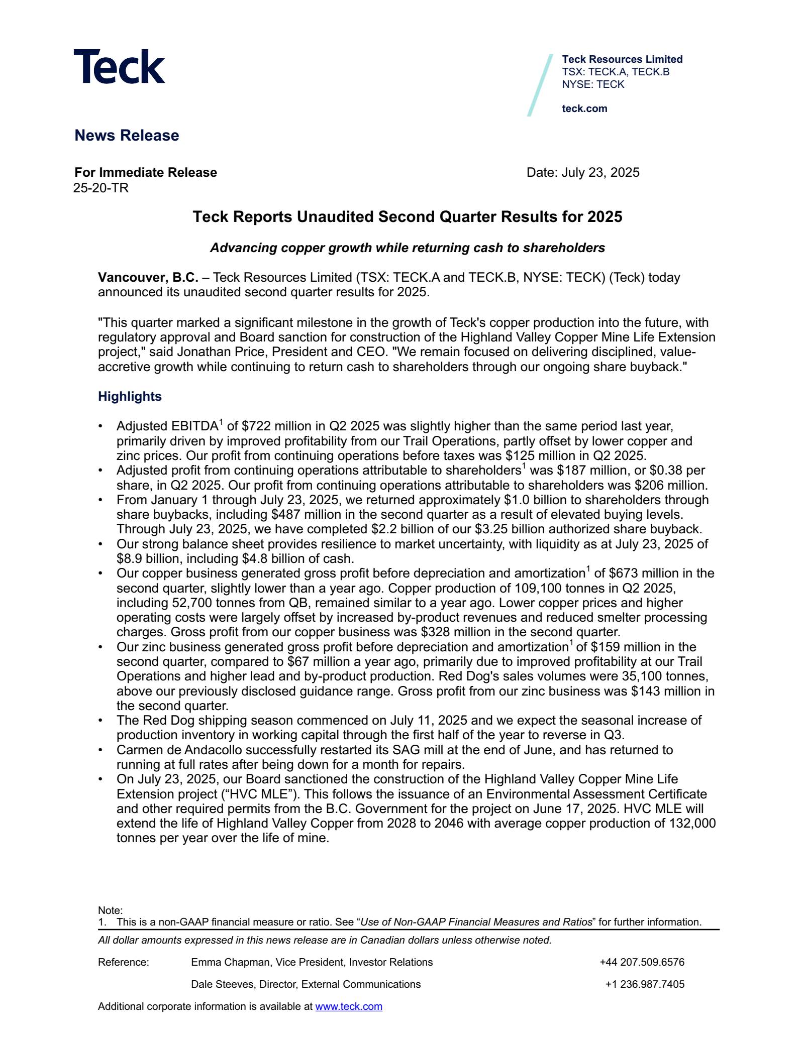 Teck Resources' Q2 2025 Press Release