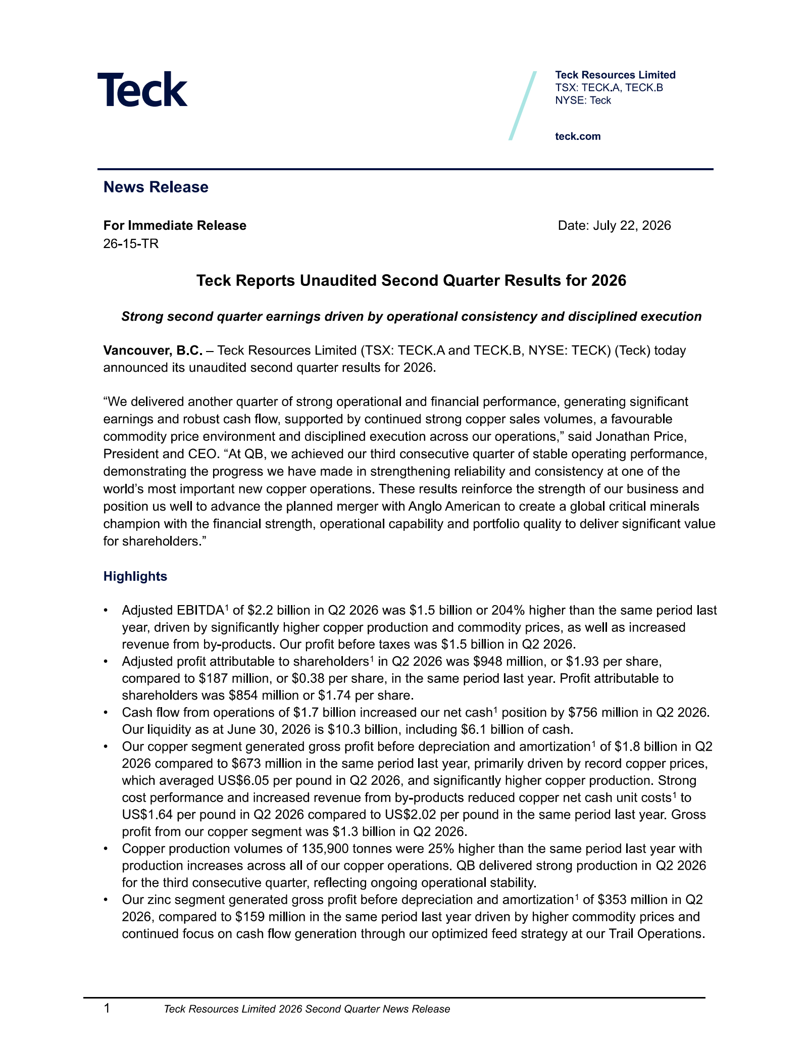 Teck Resources' Q2 2026 Press Release