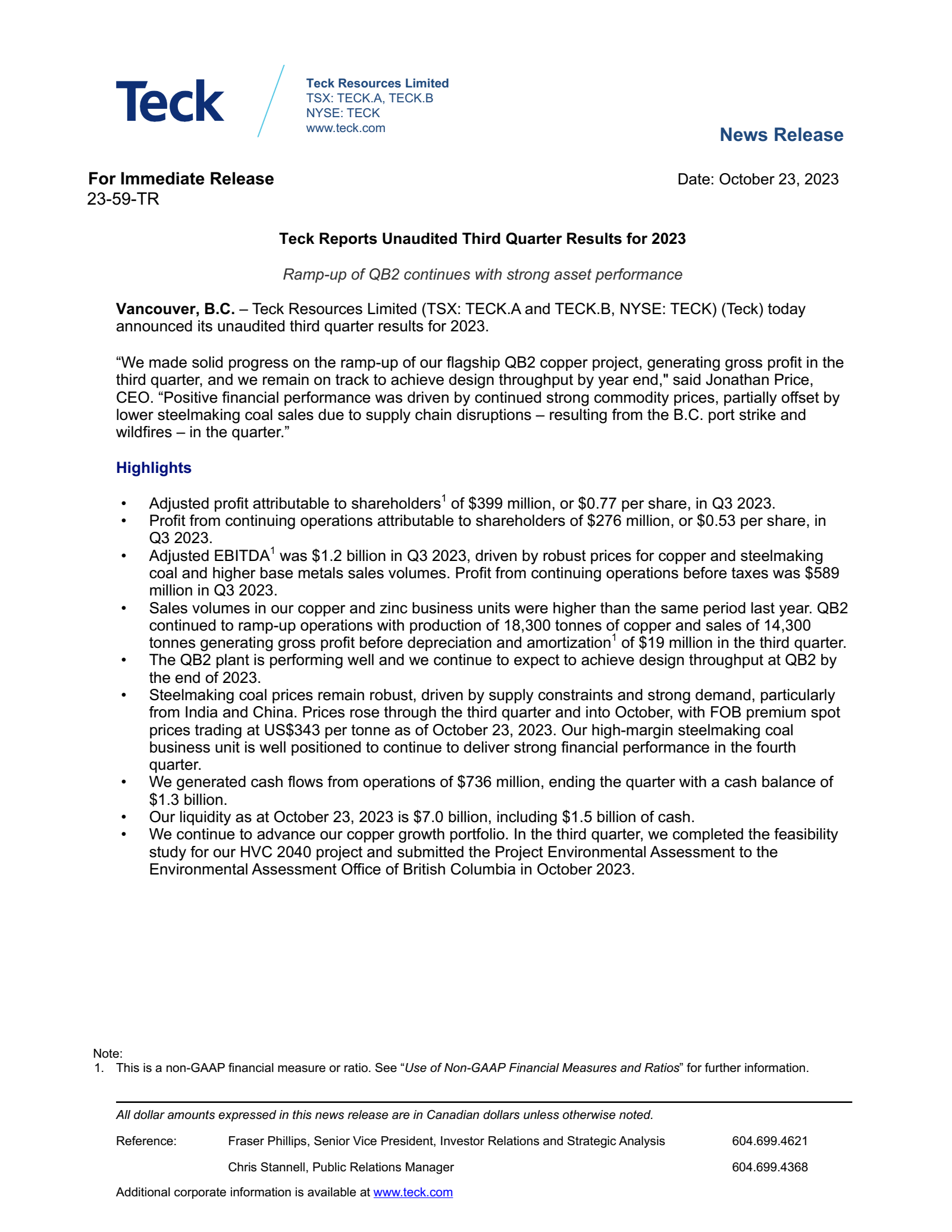 TECK Q3 2023 Earnings Report on 10/24/2023