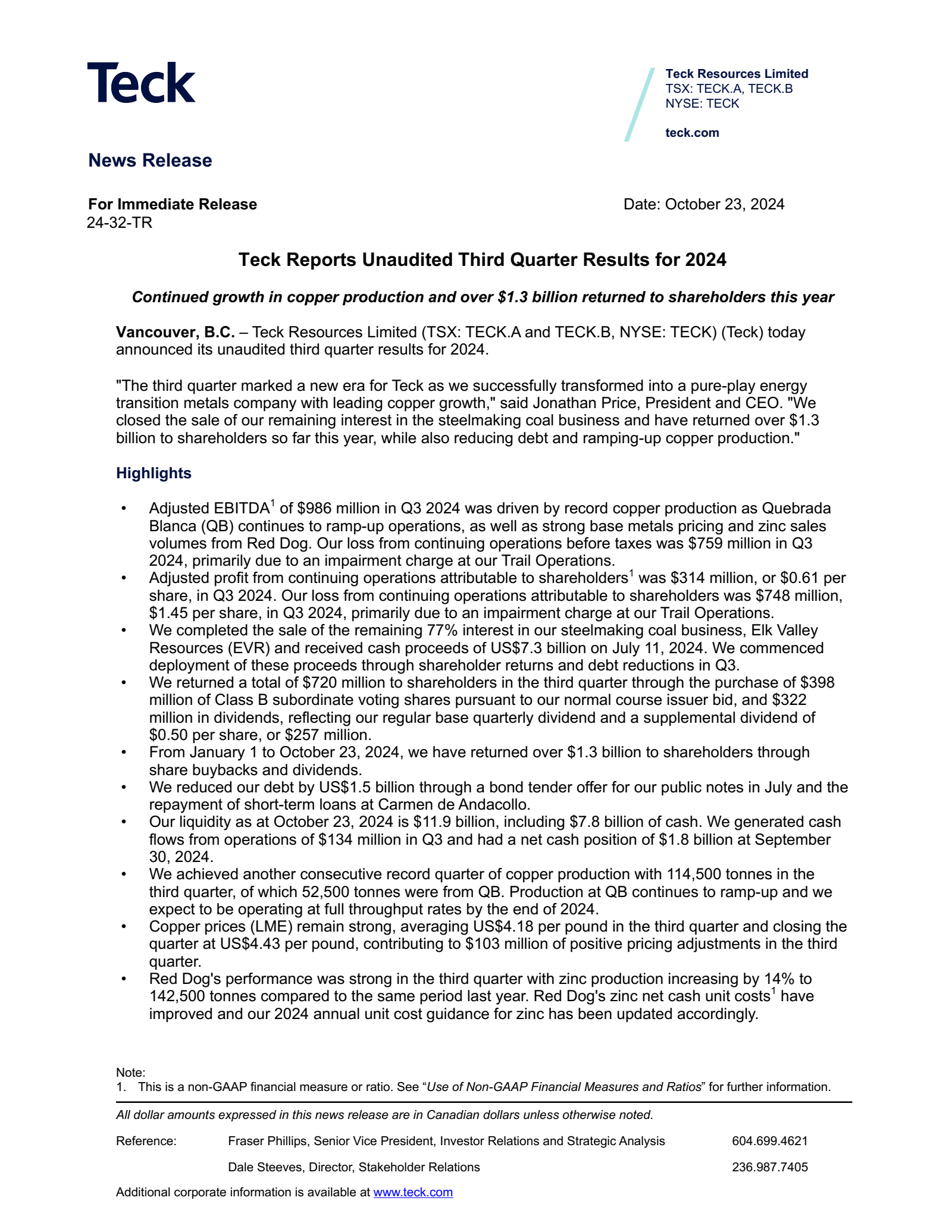 Teck Resources' Q3 2024 Earnings Release