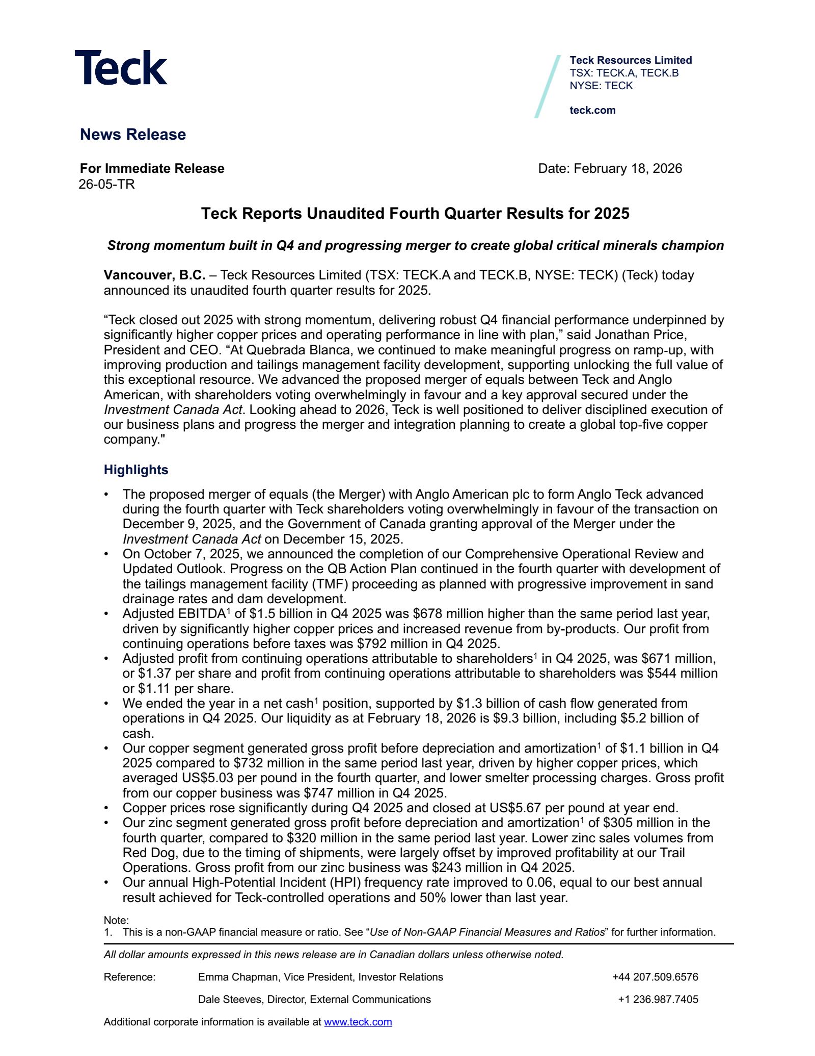 Teck Resources' Q4 2025 Press Release