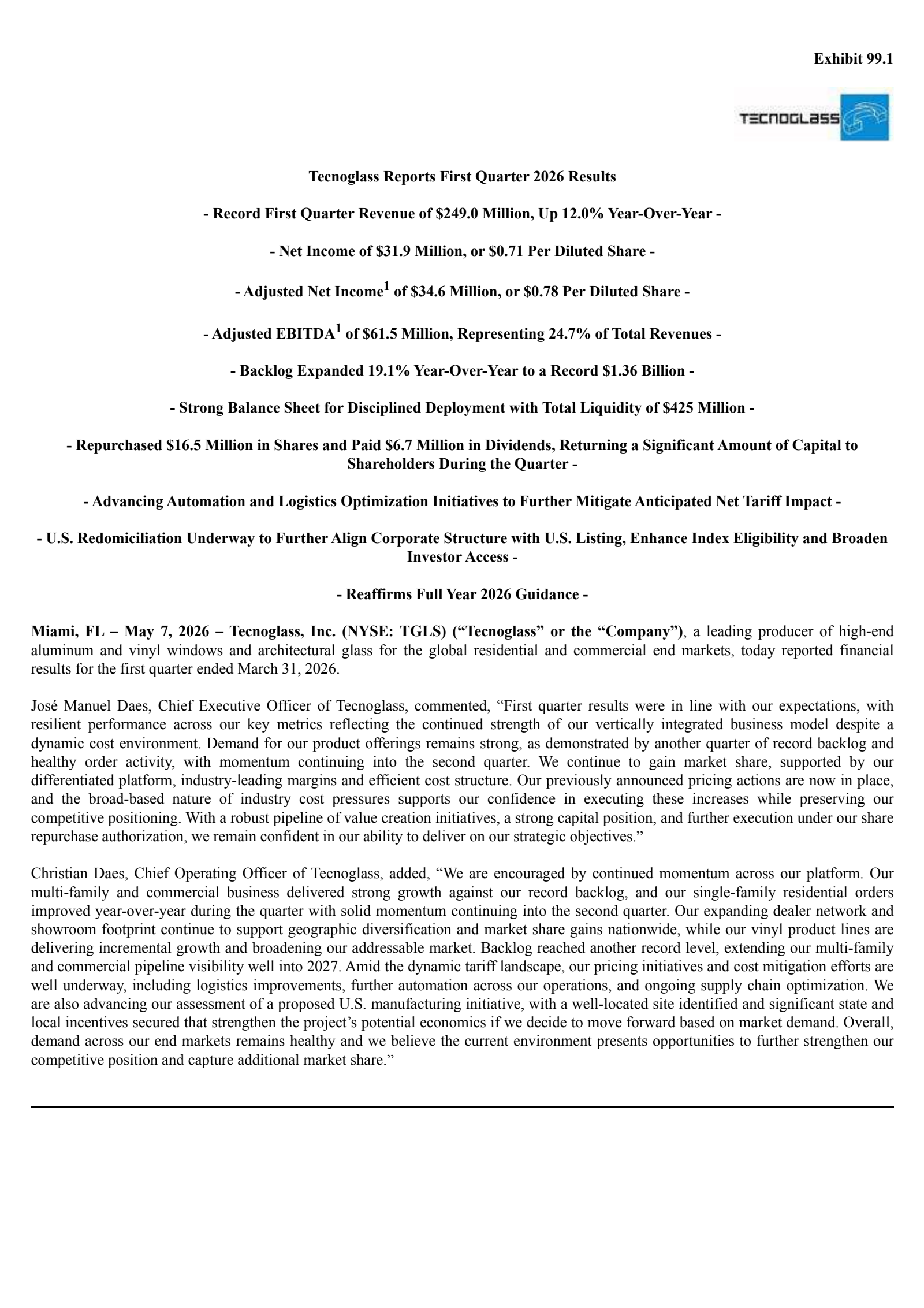 Tecnoglass' Q1 2026 Press Release