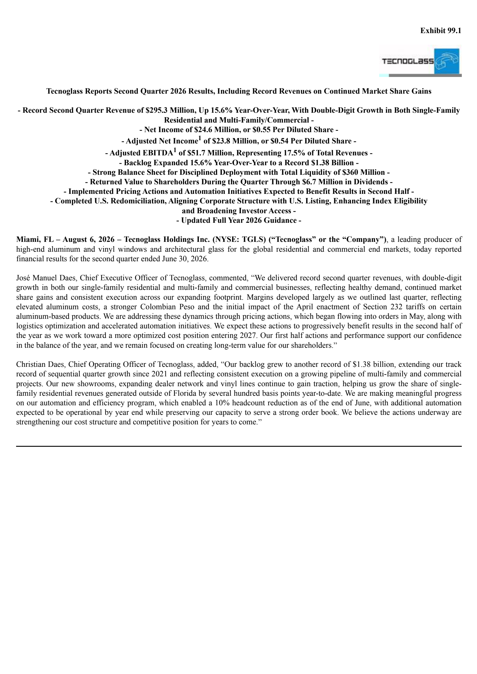 Tecnoglass' Q2 2026 Press Release