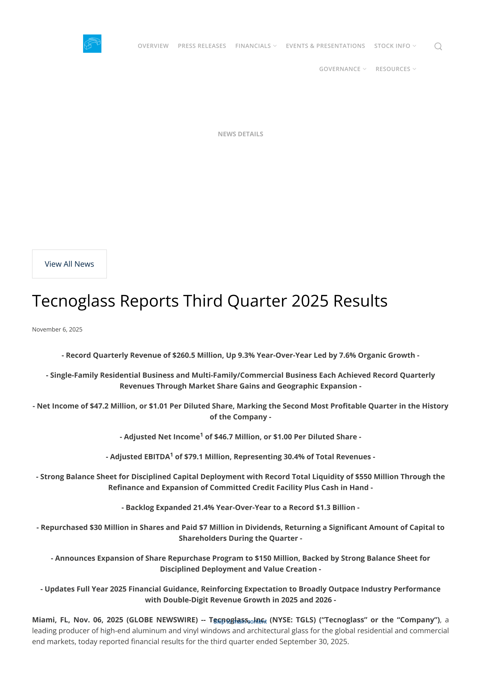 Tecnoglass' Q3 2025 Earnings Release
