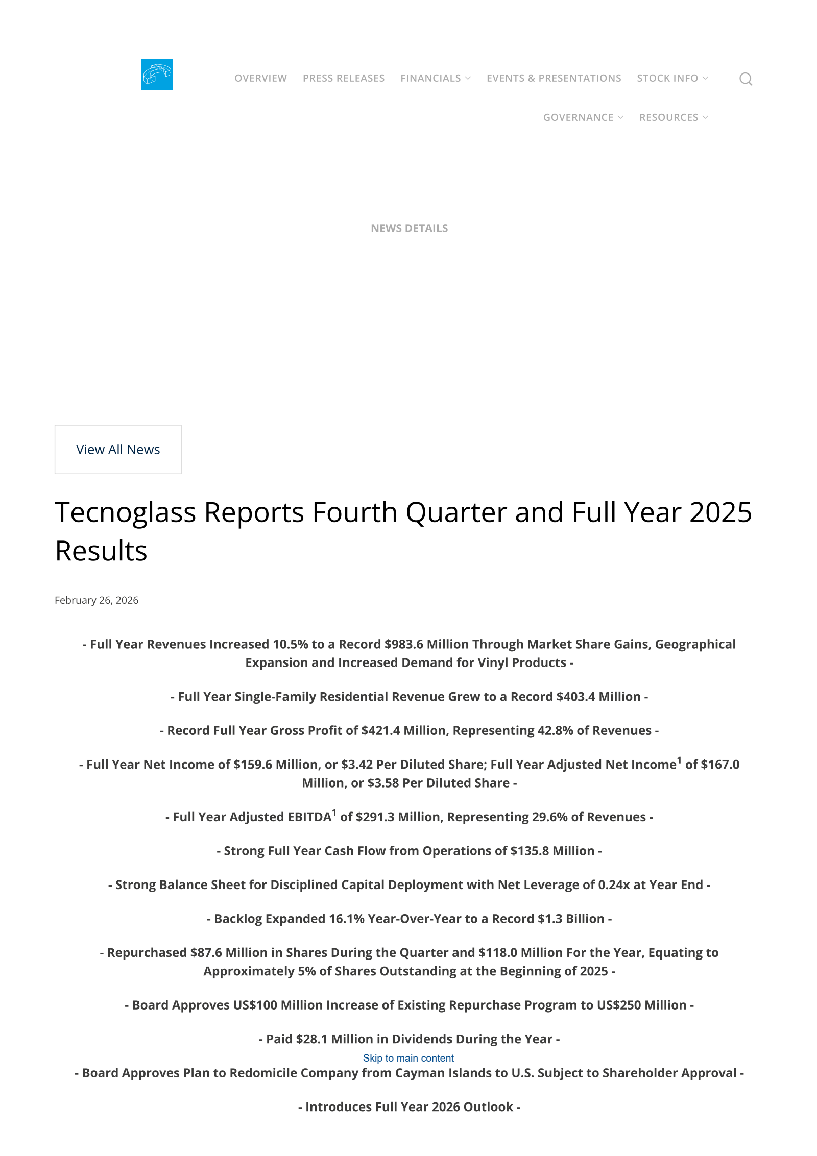 Tecnoglass' Q4 2025 Press Release