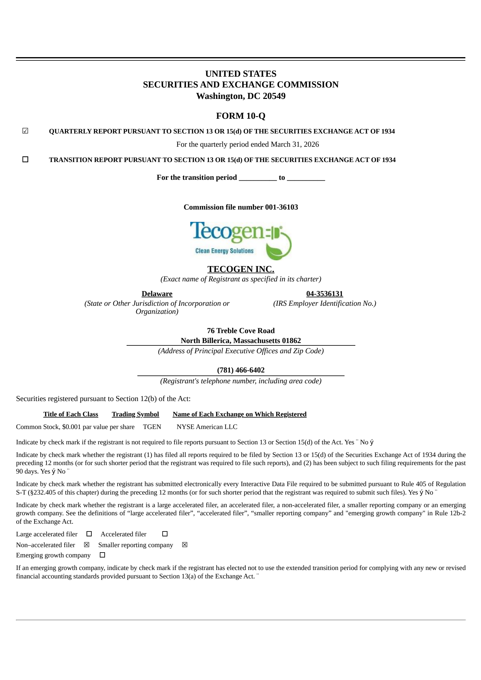 Tecogen's Q1 2026 Quarterly report