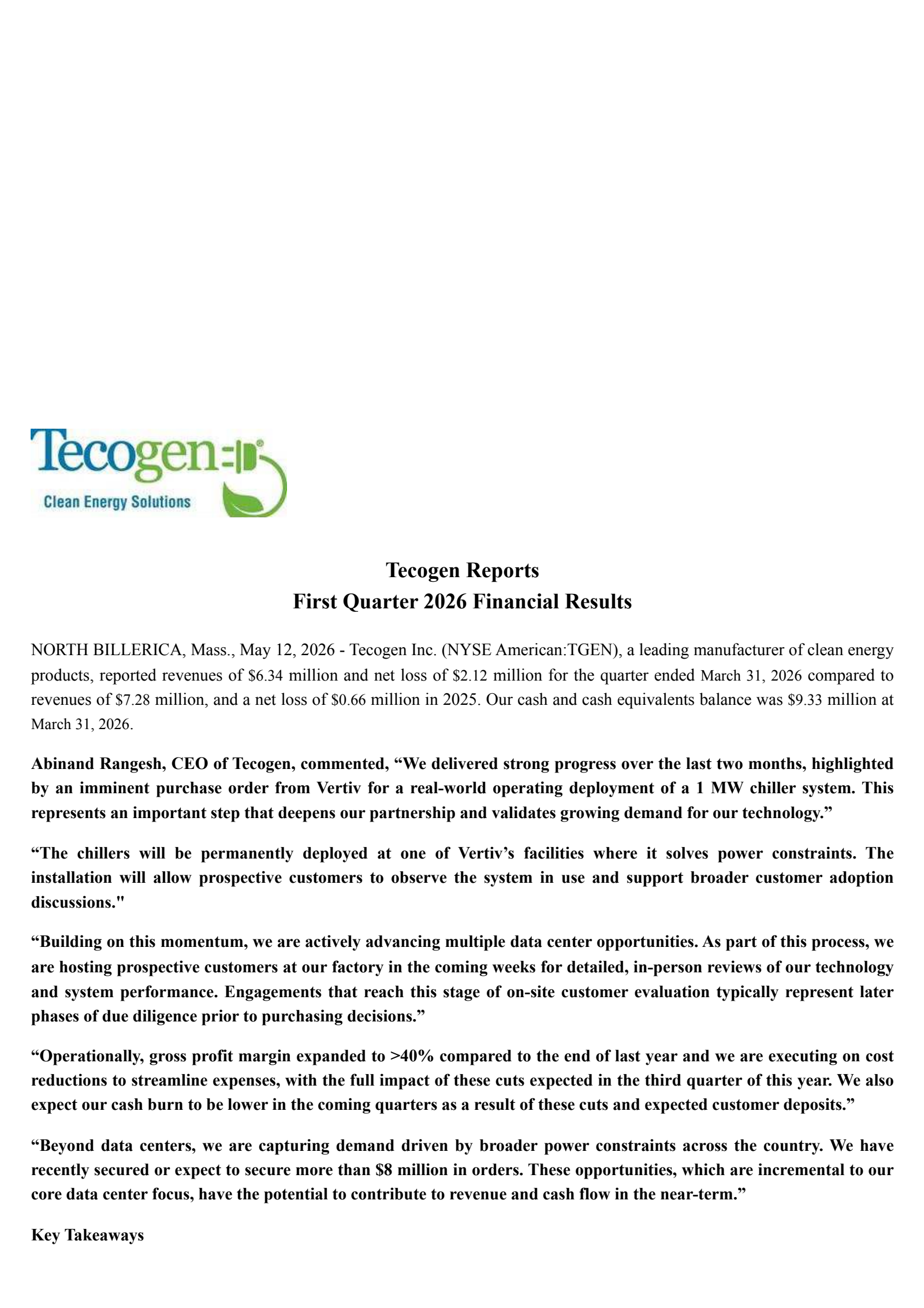 Tecogen's Q1 2026 Press Release