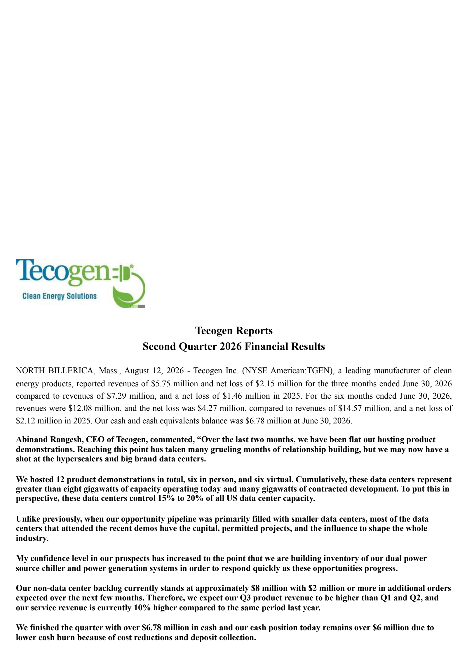 Tecogen's Q2 2026 Press Release