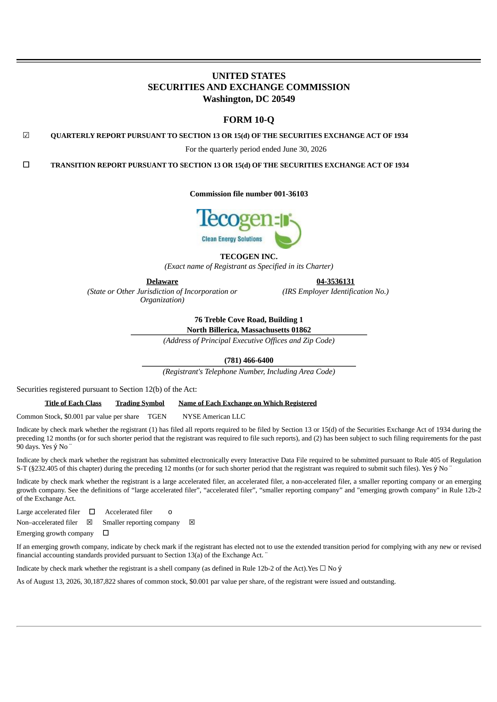 Tecogen's Q2 2026 Quarterly report
