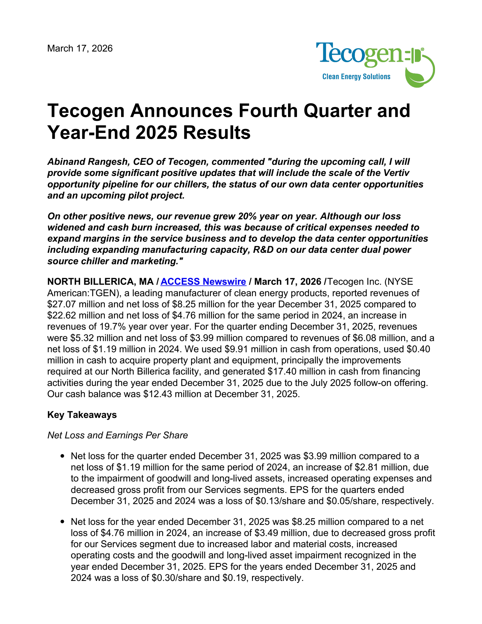Tecogen's Q4 2025 Press Release