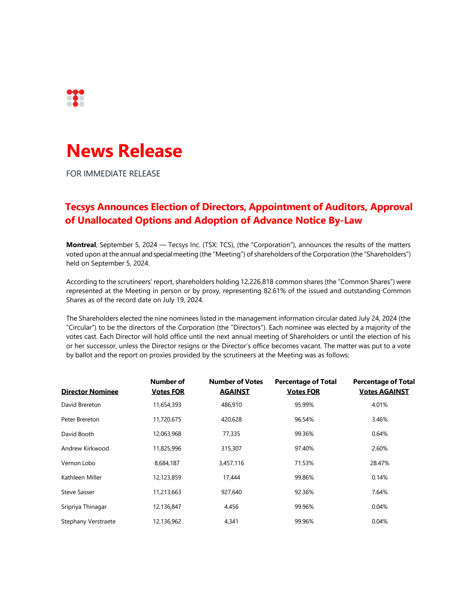 Tecsys' Q1 2025 Press Release