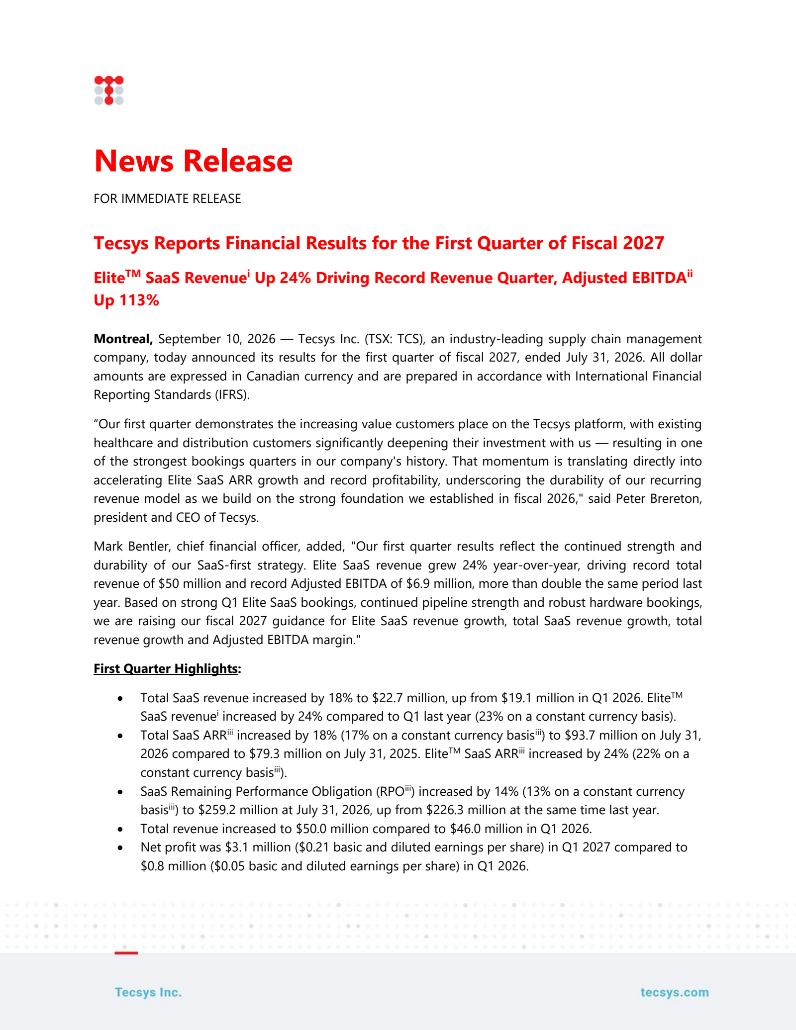 Tecsys' Q1 2027 Press Release