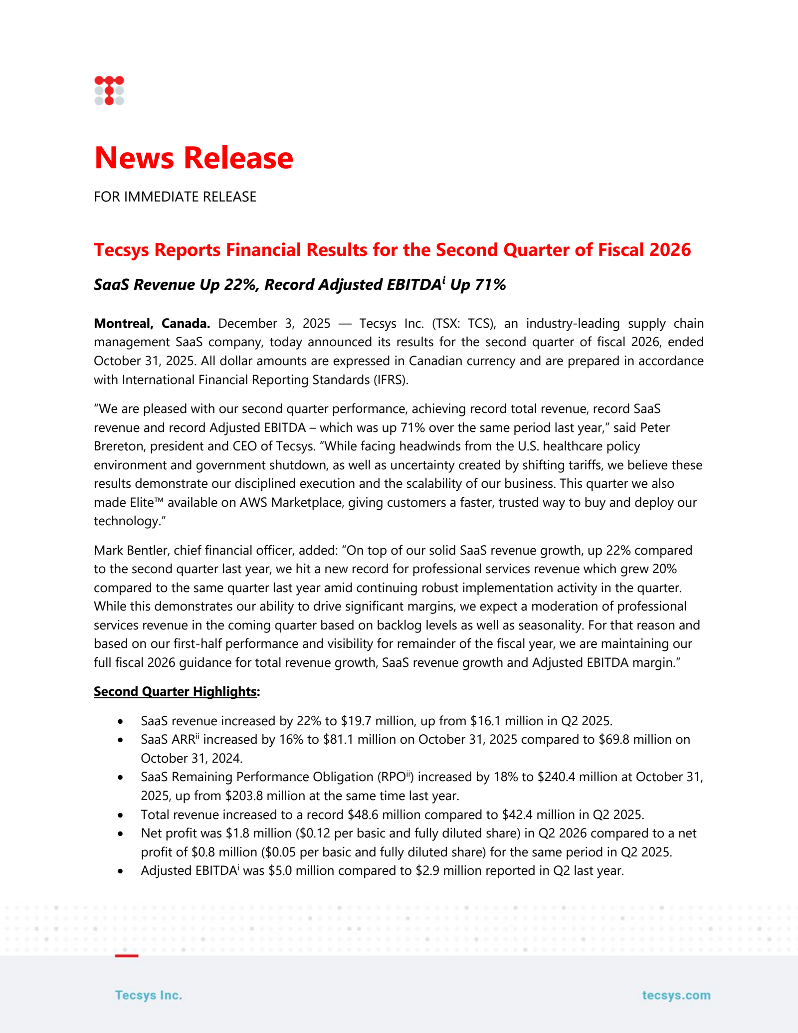 Tecsys' Q2 2026 Earnings Release