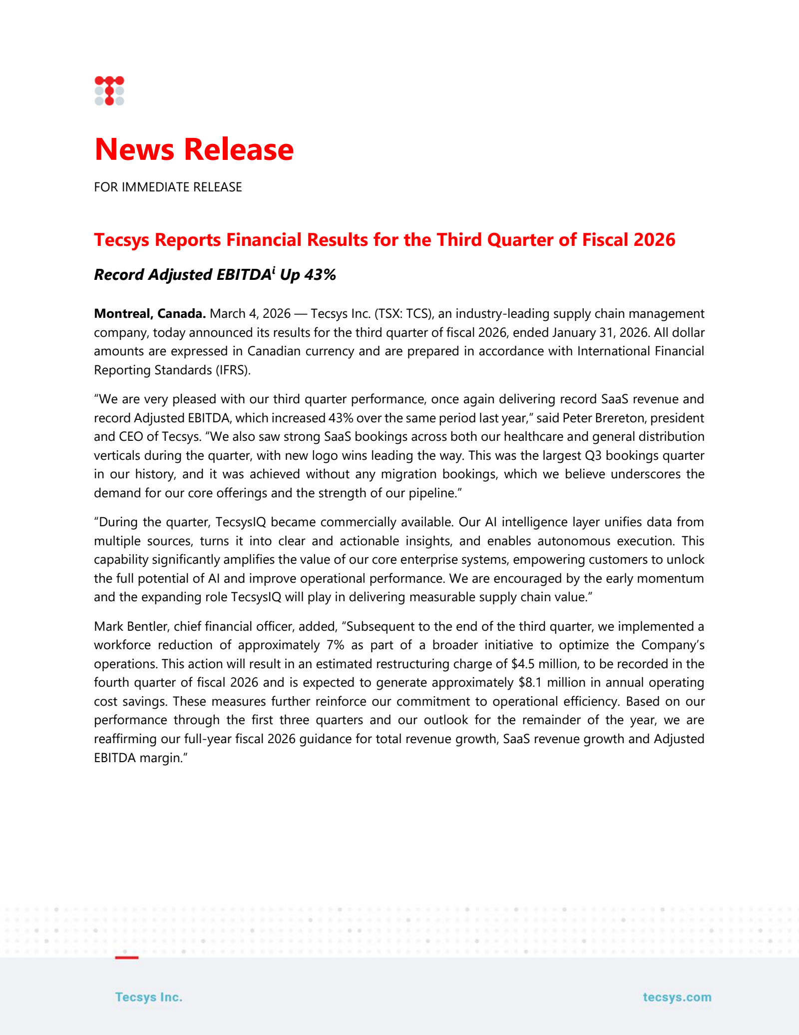 Tecsys' Q3 2026 Press Release