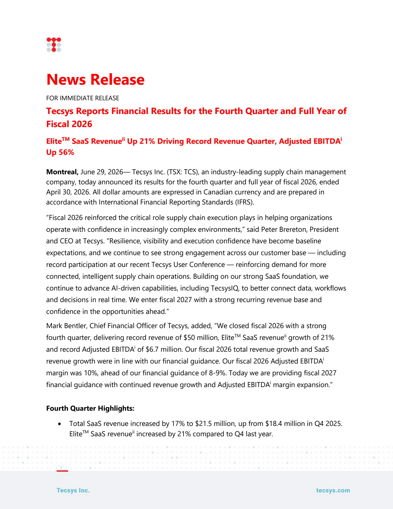 Tecsys' Q4 2026 Press Release