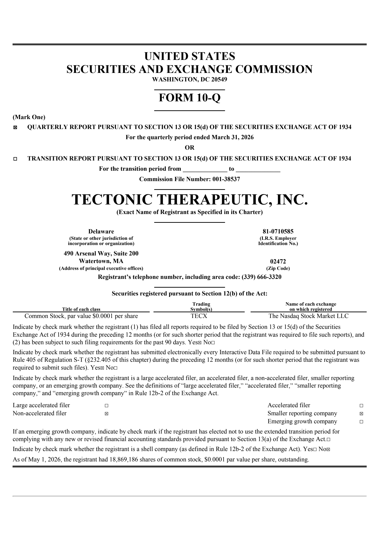 Tectonic Therapeutic's Q1 2026 Quarterly report