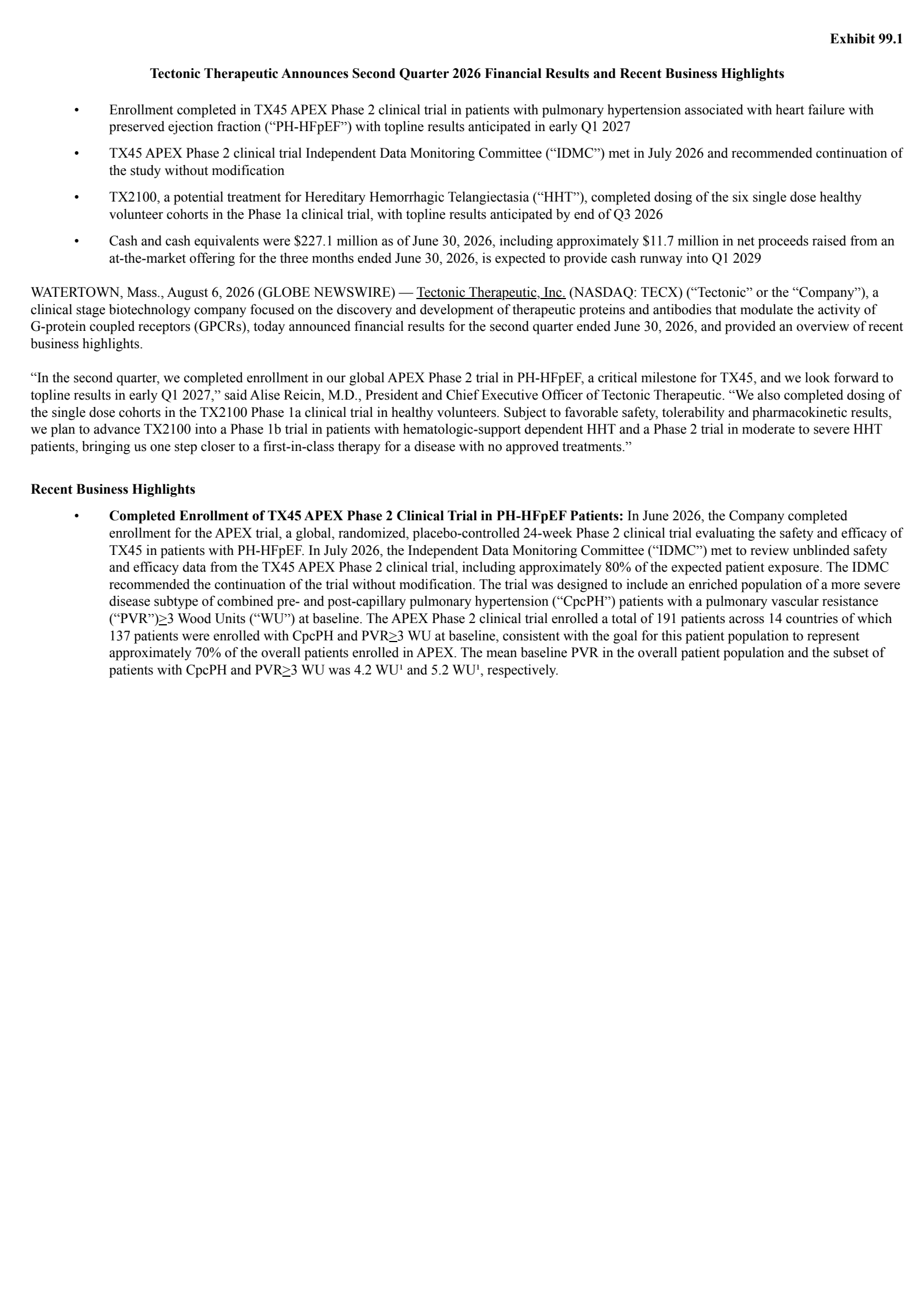 Tectonic Therapeutic's Q2 2026 Press Release