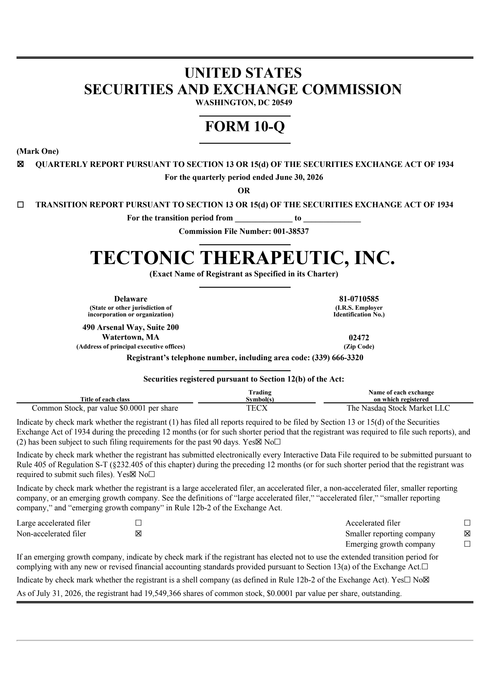 Tectonic Therapeutic's Q2 2026 Quarterly report