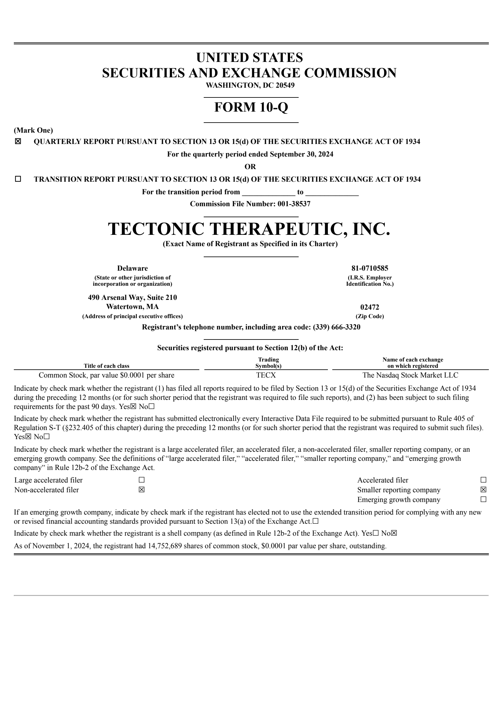 Tectonic Therapeutic's Q3 2024 Quarterly report