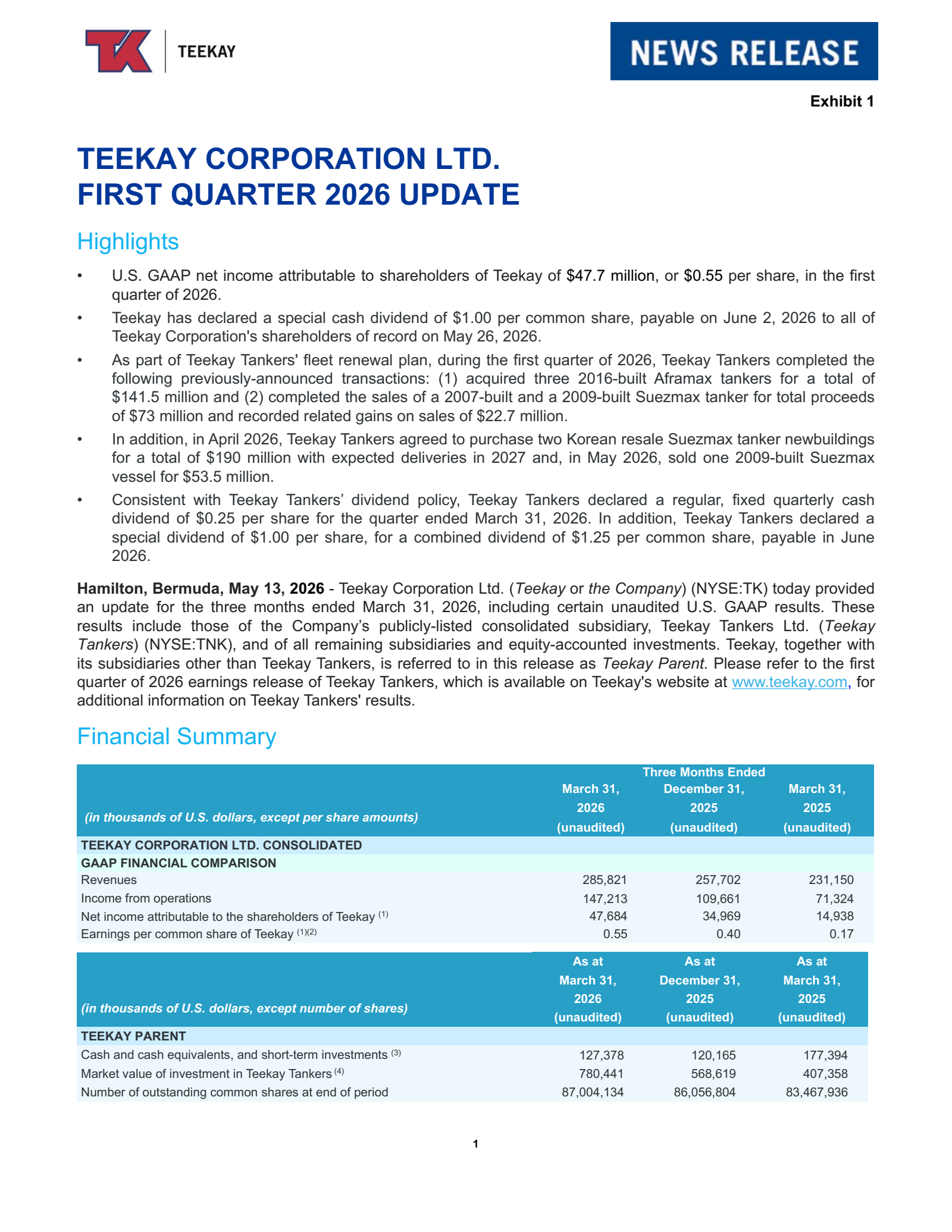 Teekay's Q1 2026 Press Release