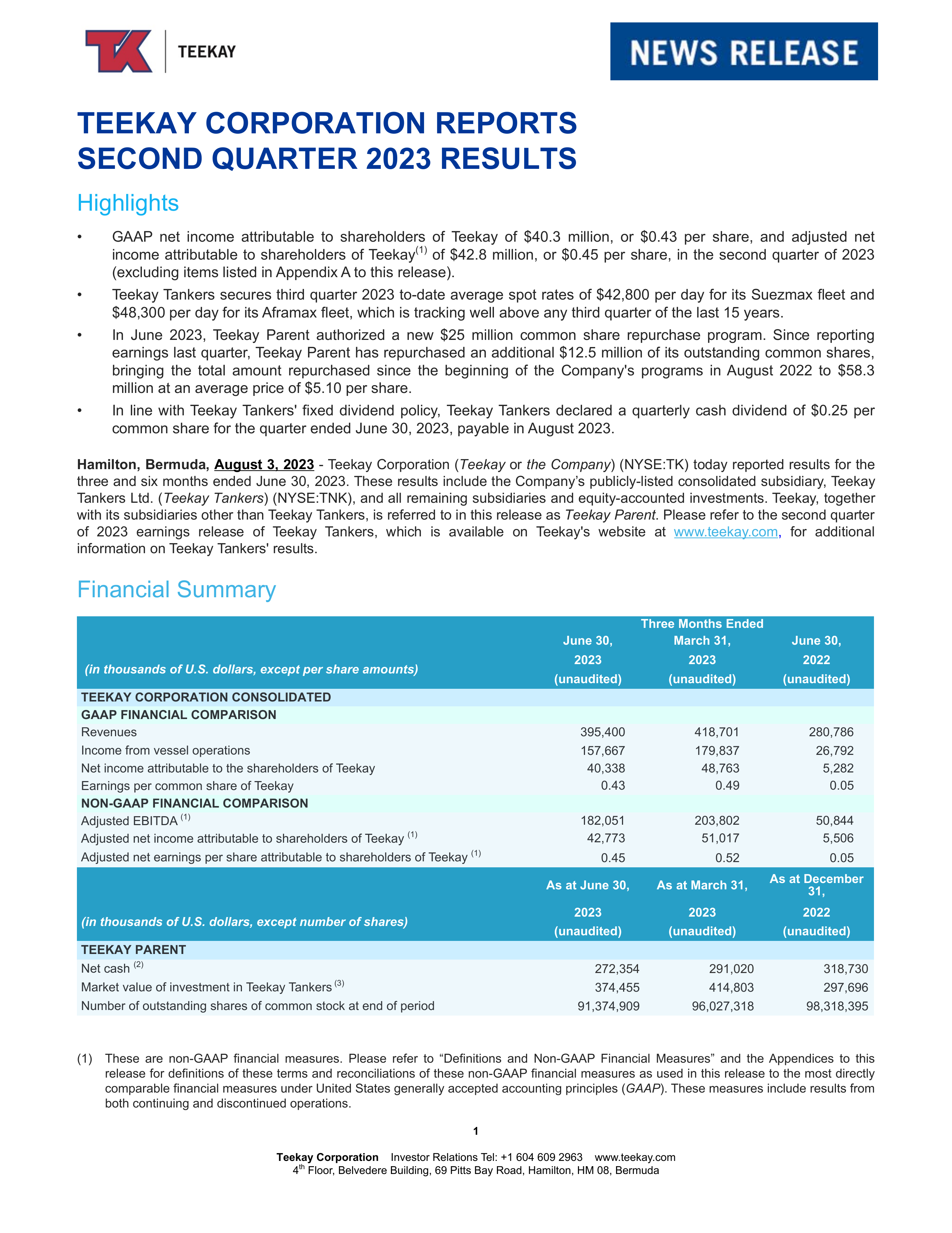 Teekay's Q2 2023 Press Release
