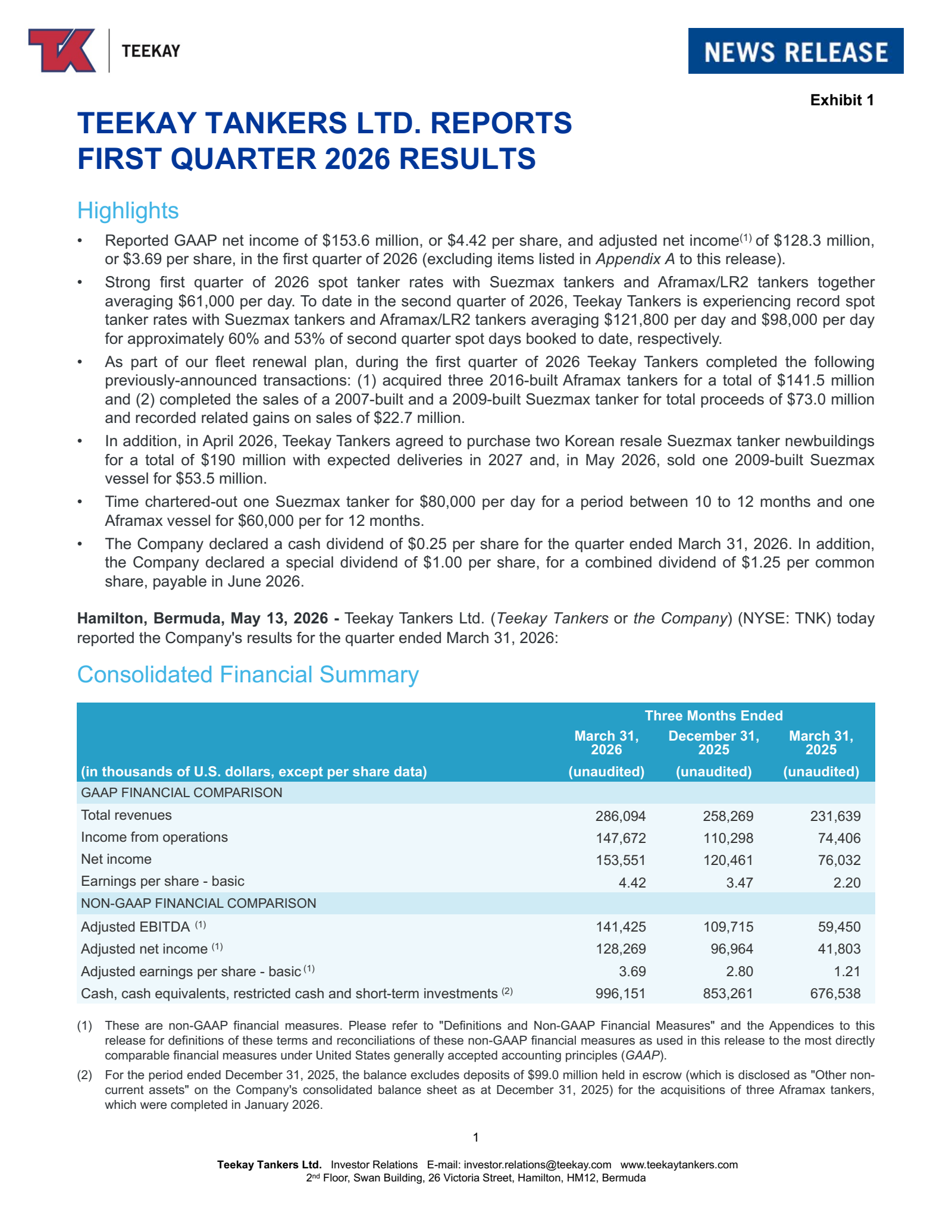Teekay Tankers' Q1 2026 Press Release