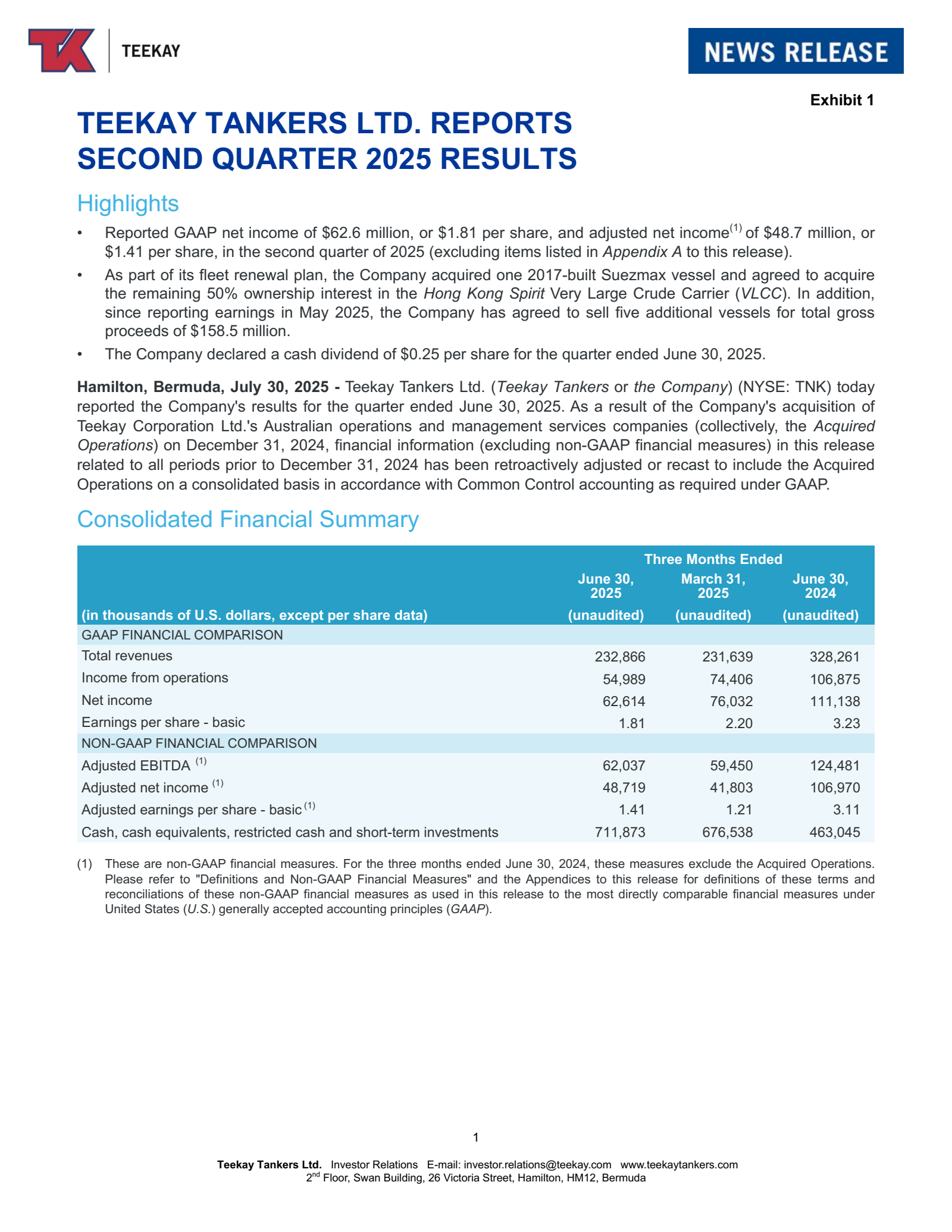 Teekay Tankers' Q2 2025 Press Release