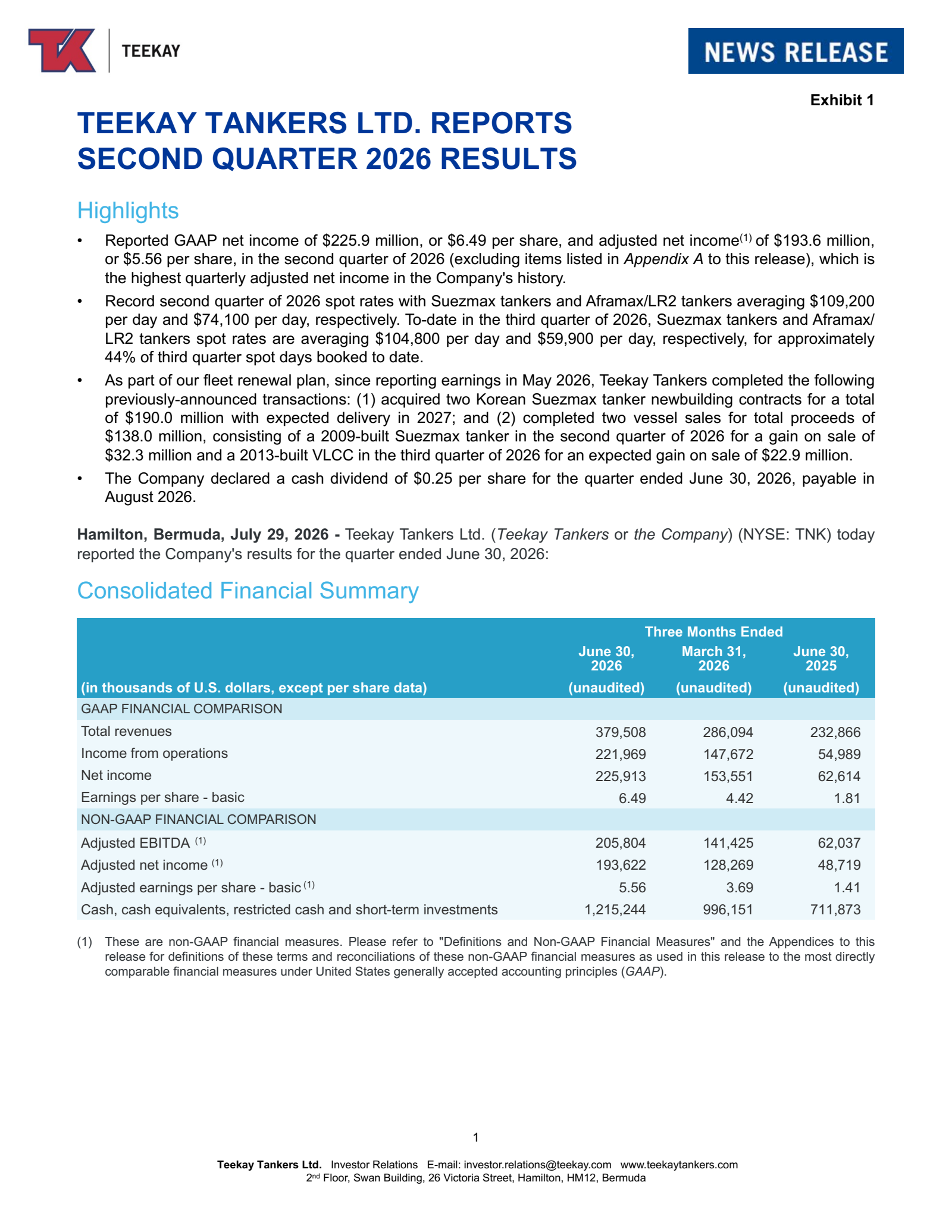 Teekay Tankers' Q2 2026 Press Release