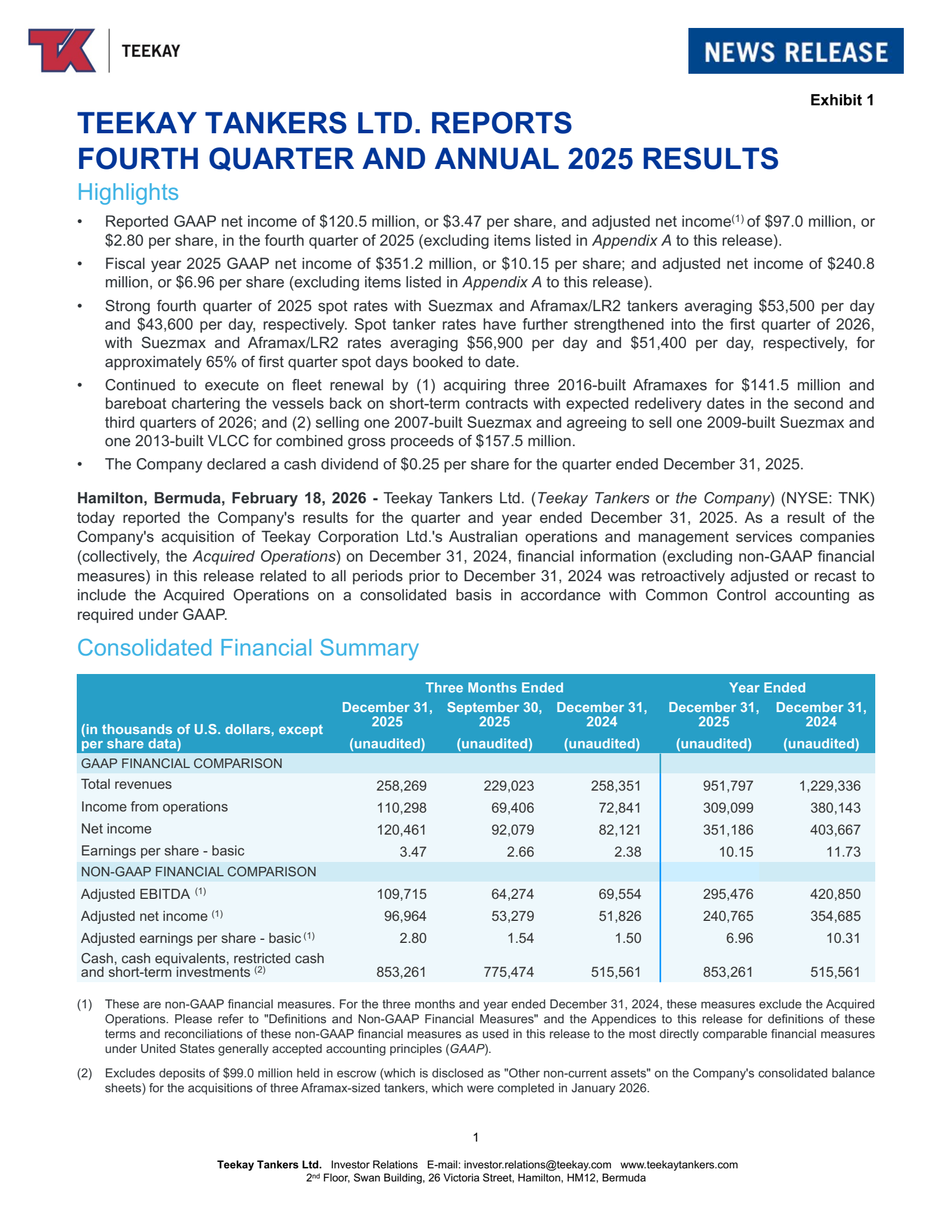 Teekay Tankers' Q4 2025 Press Release