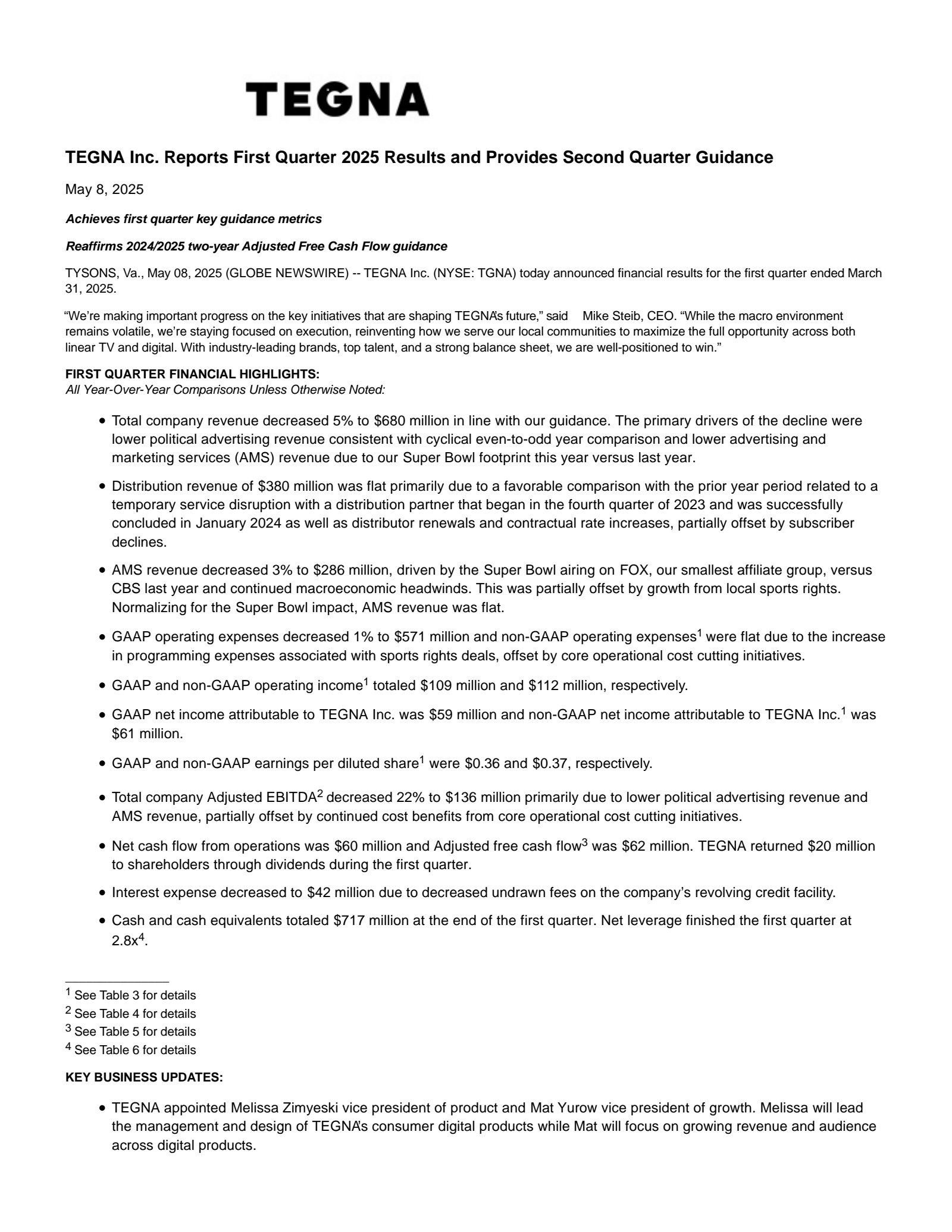TEGNA's Q1 2025 Press Release