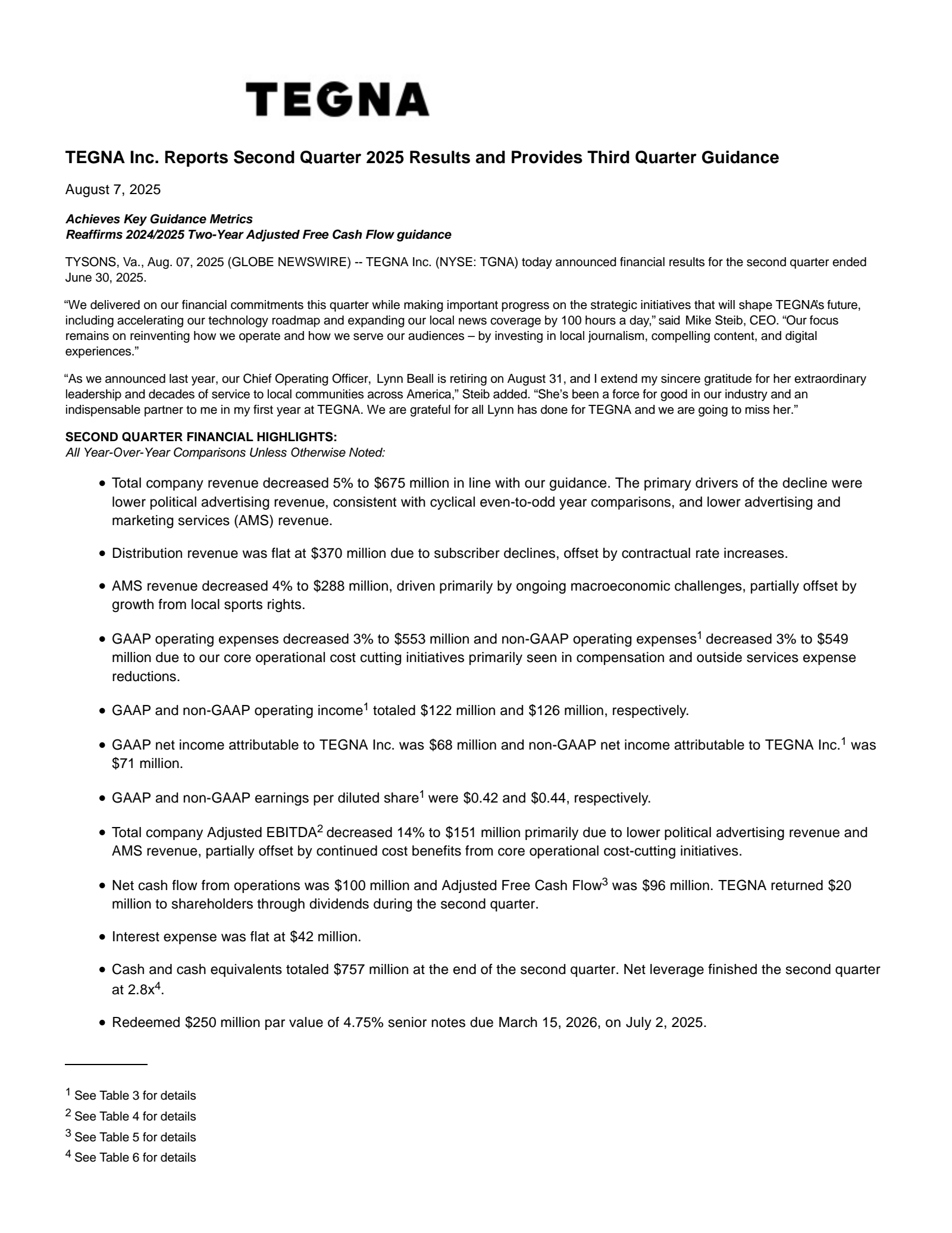 TEGNA's Q2 2025 Press Release