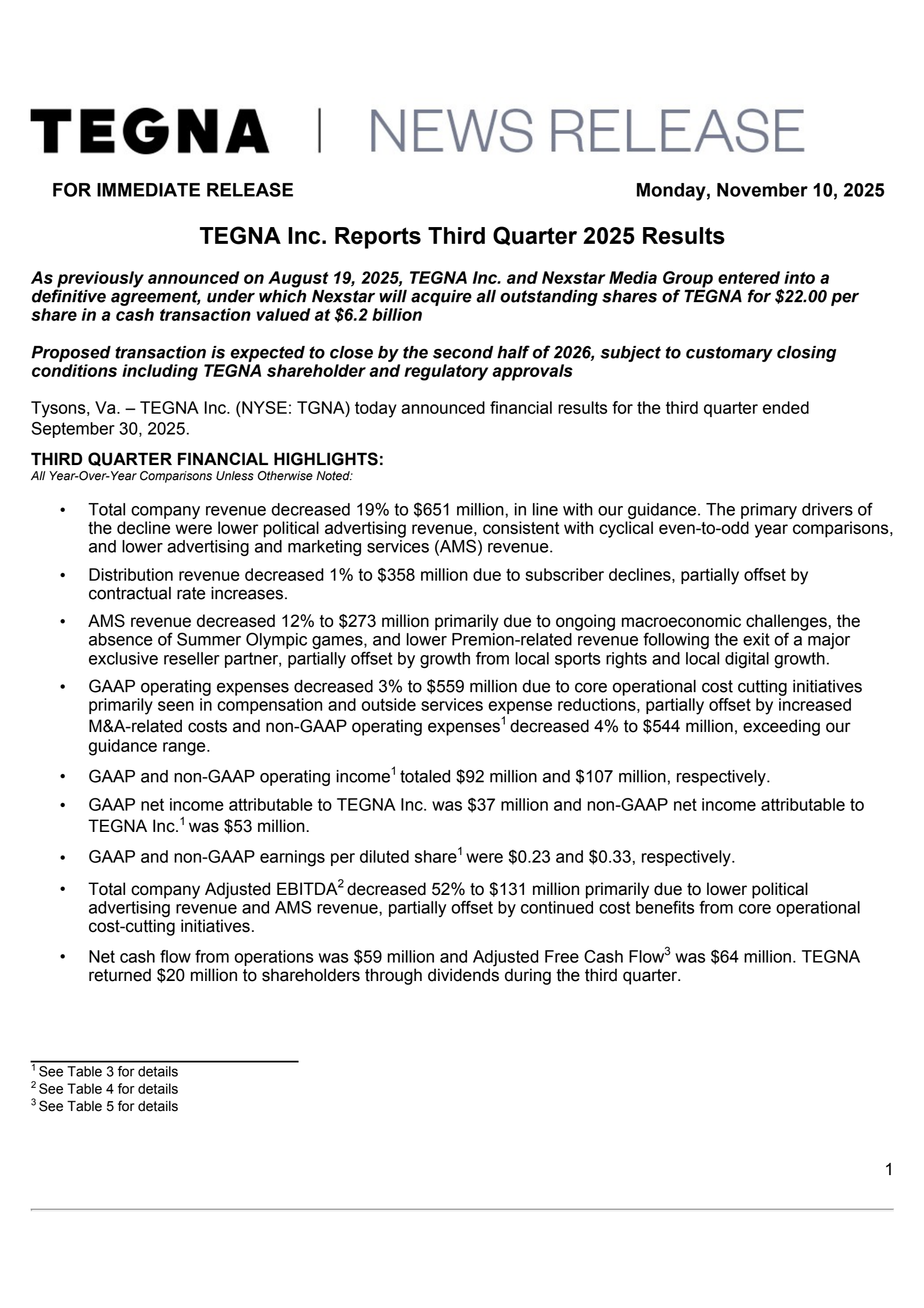 TEGNA's Q3 2025 Earnings Release
