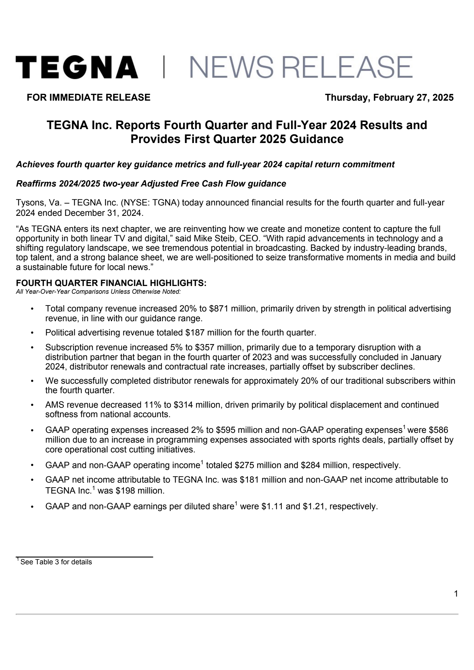 TEGNA's Q4 2024 Press Release