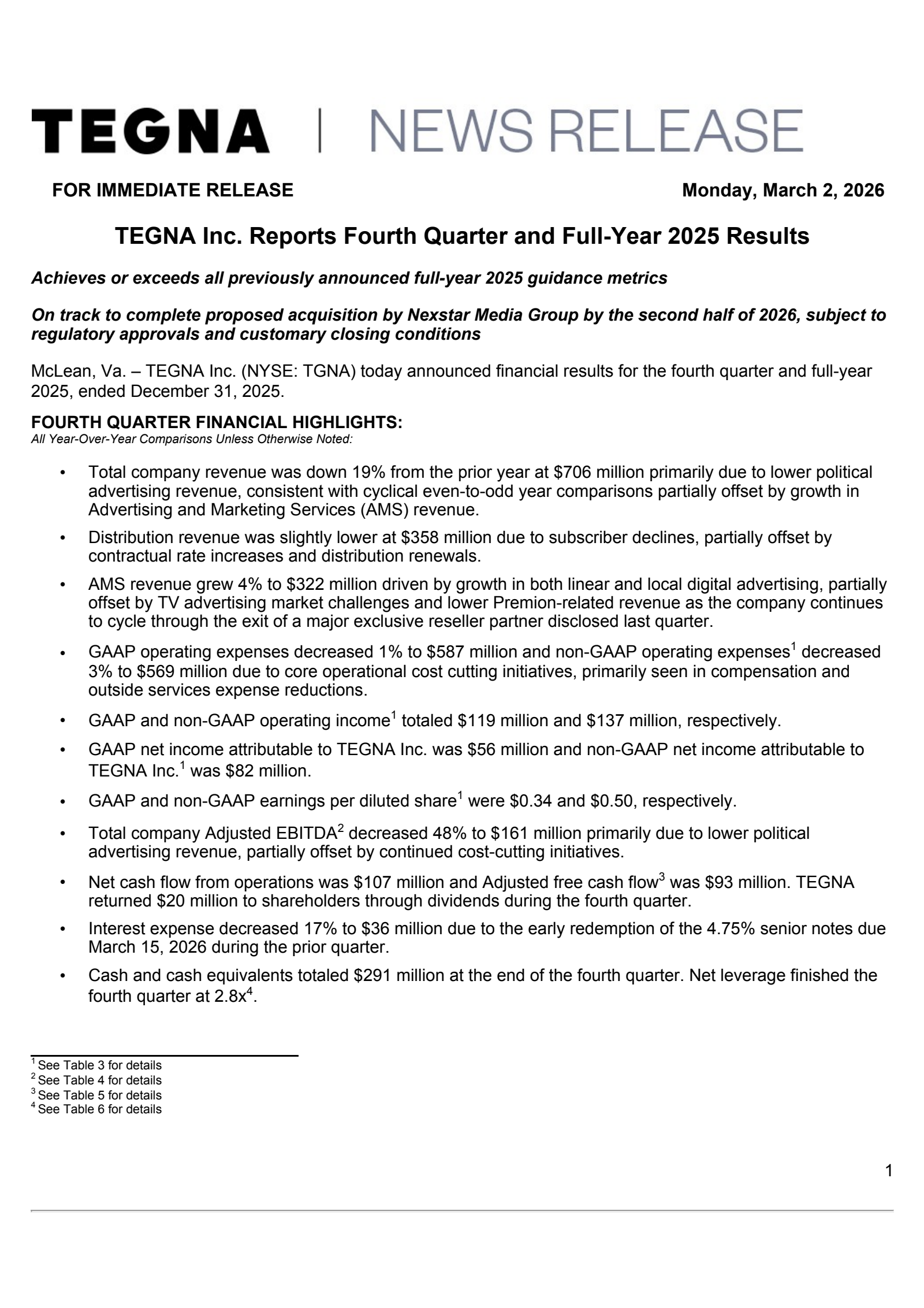 TEGNA's Q4 2025 Press Release
