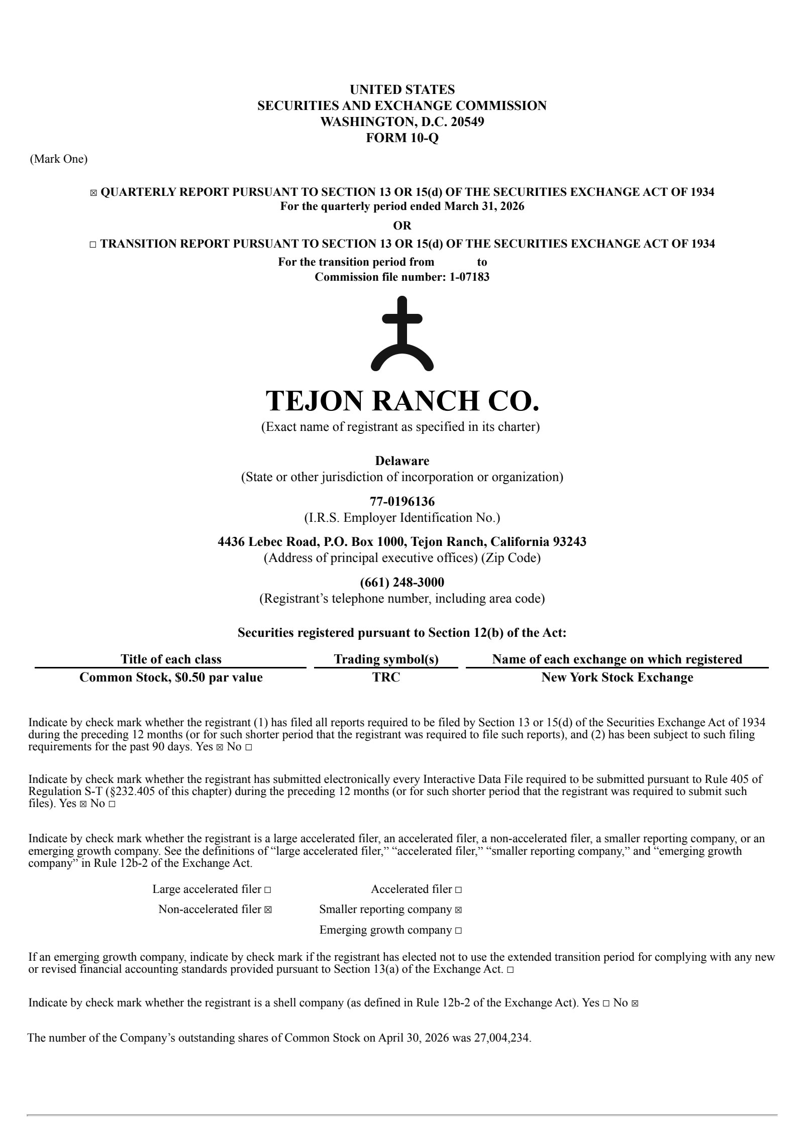 Tejon Ranch's Q1 2026 Quarterly report