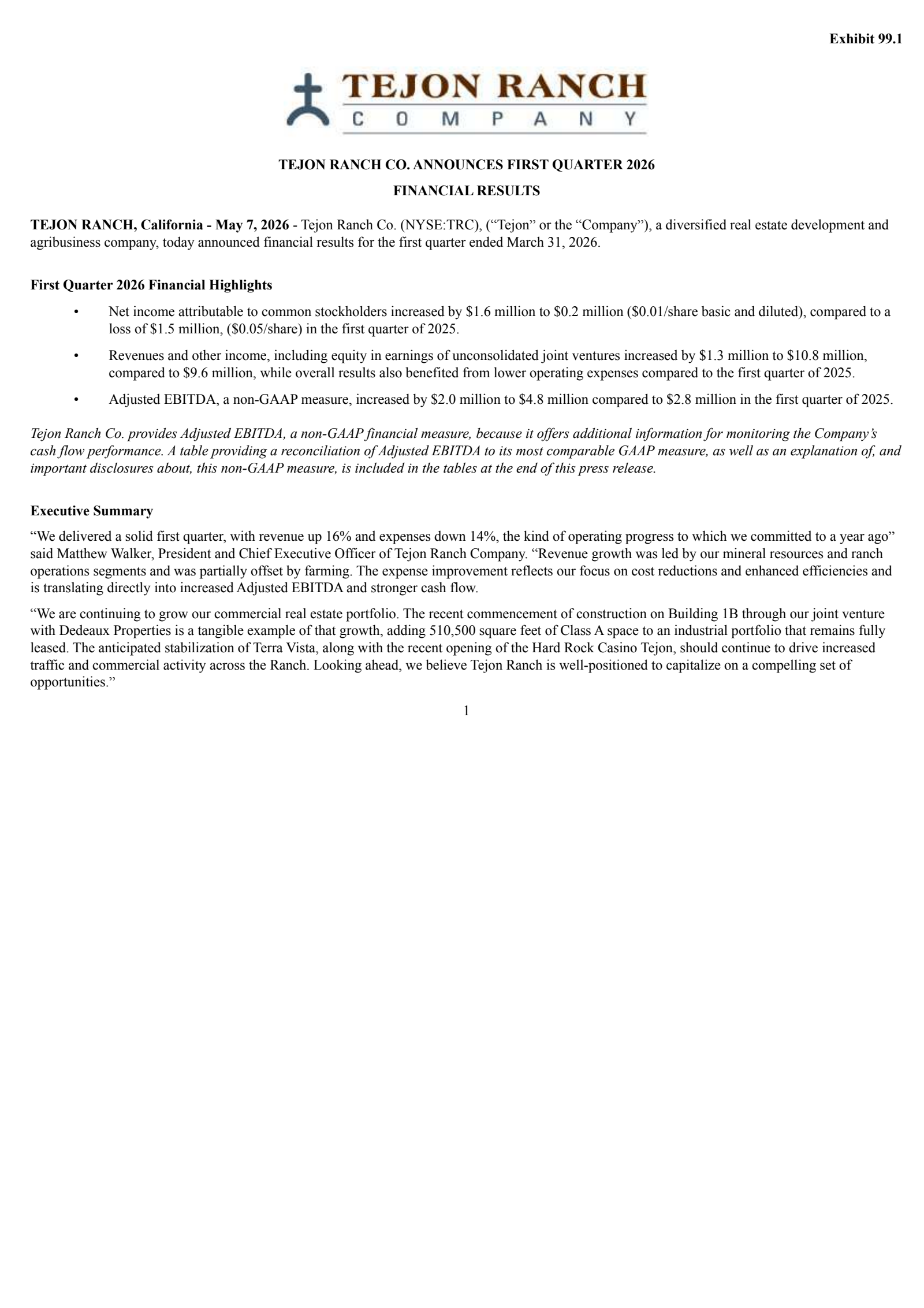 Tejon Ranch's Q1 2026 Press Release