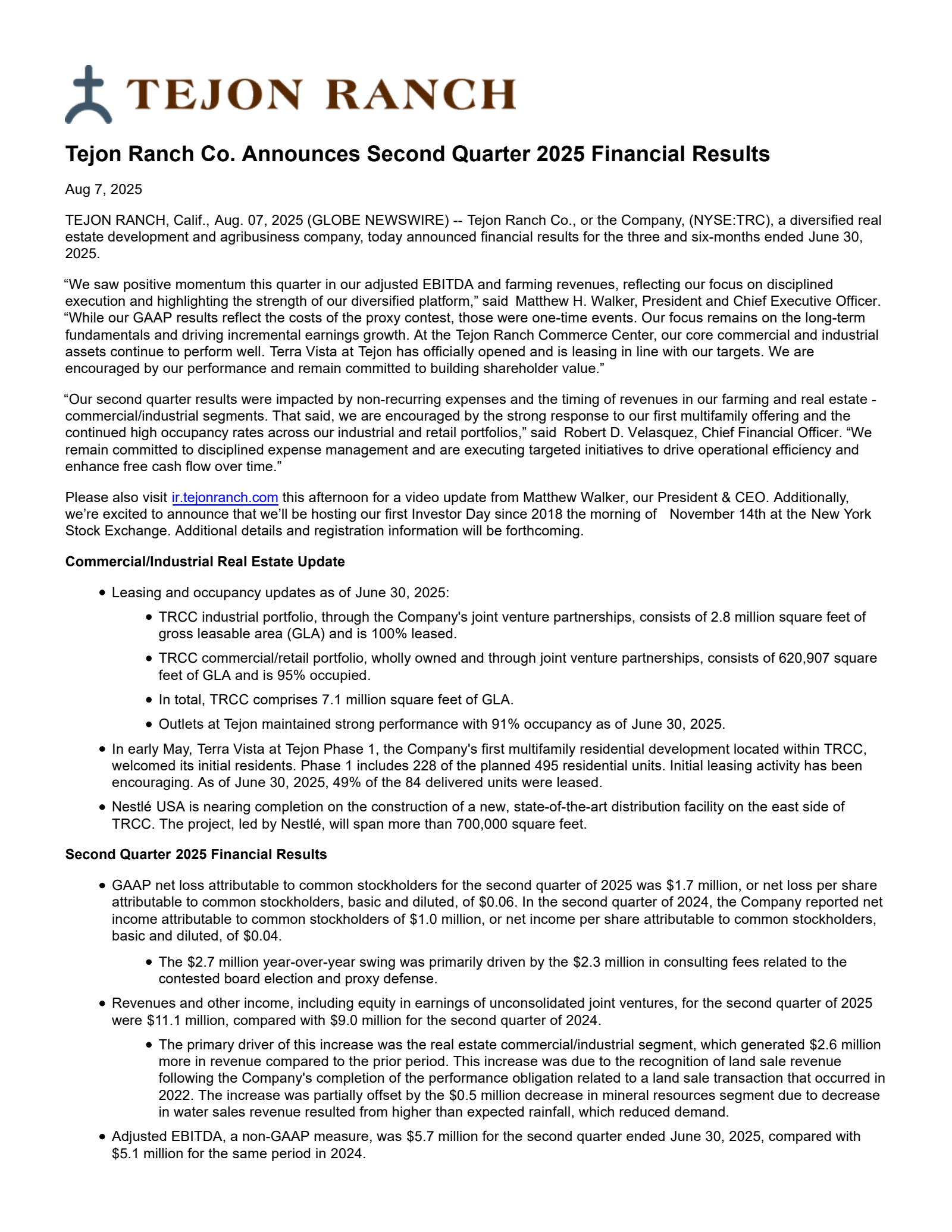 Tejon Ranch's Q2 2025 Press Release